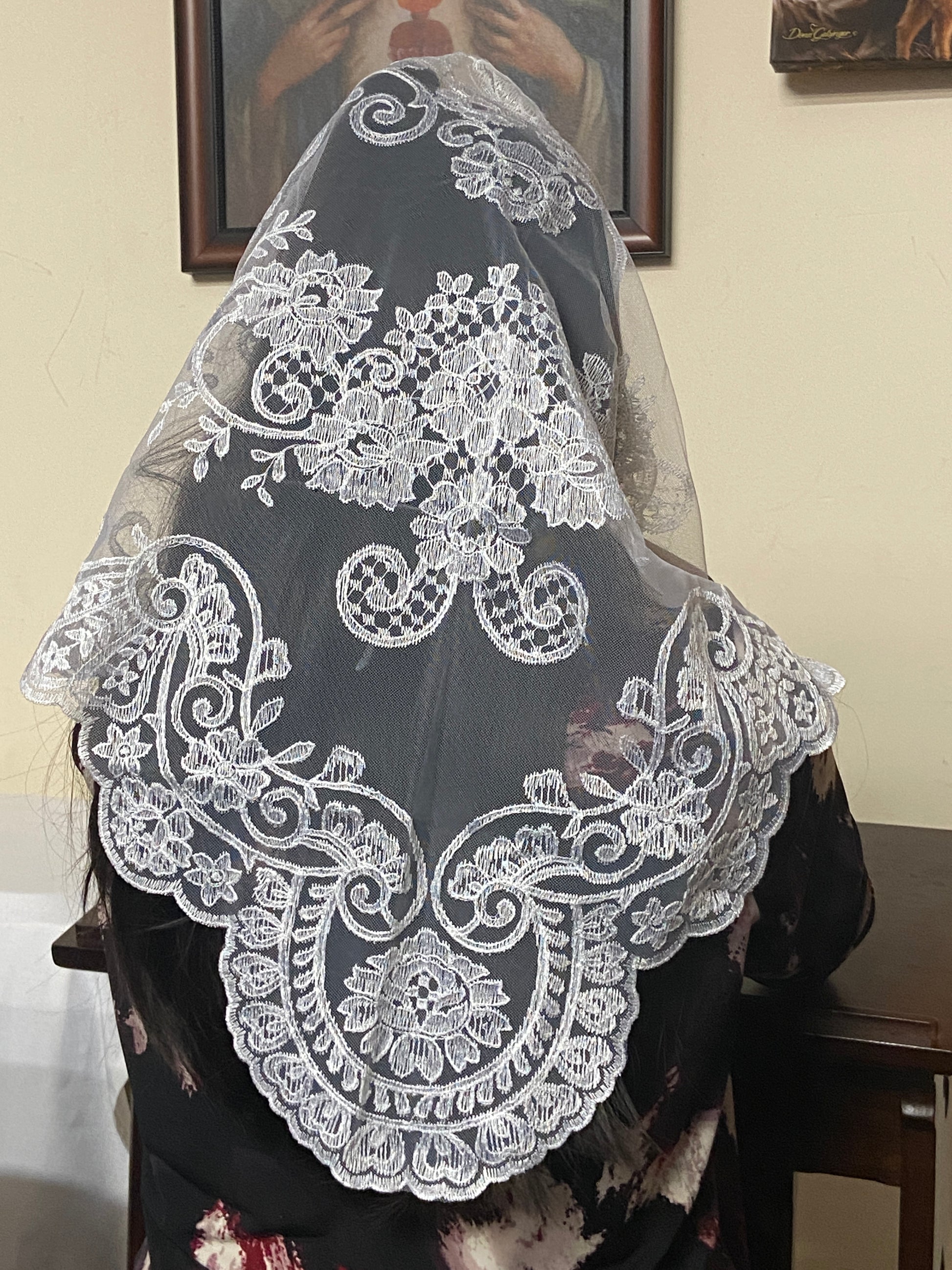 White Brilliant Lace Mantilla Chapel Spanish Veil 51" - Unique Catholic Gifts