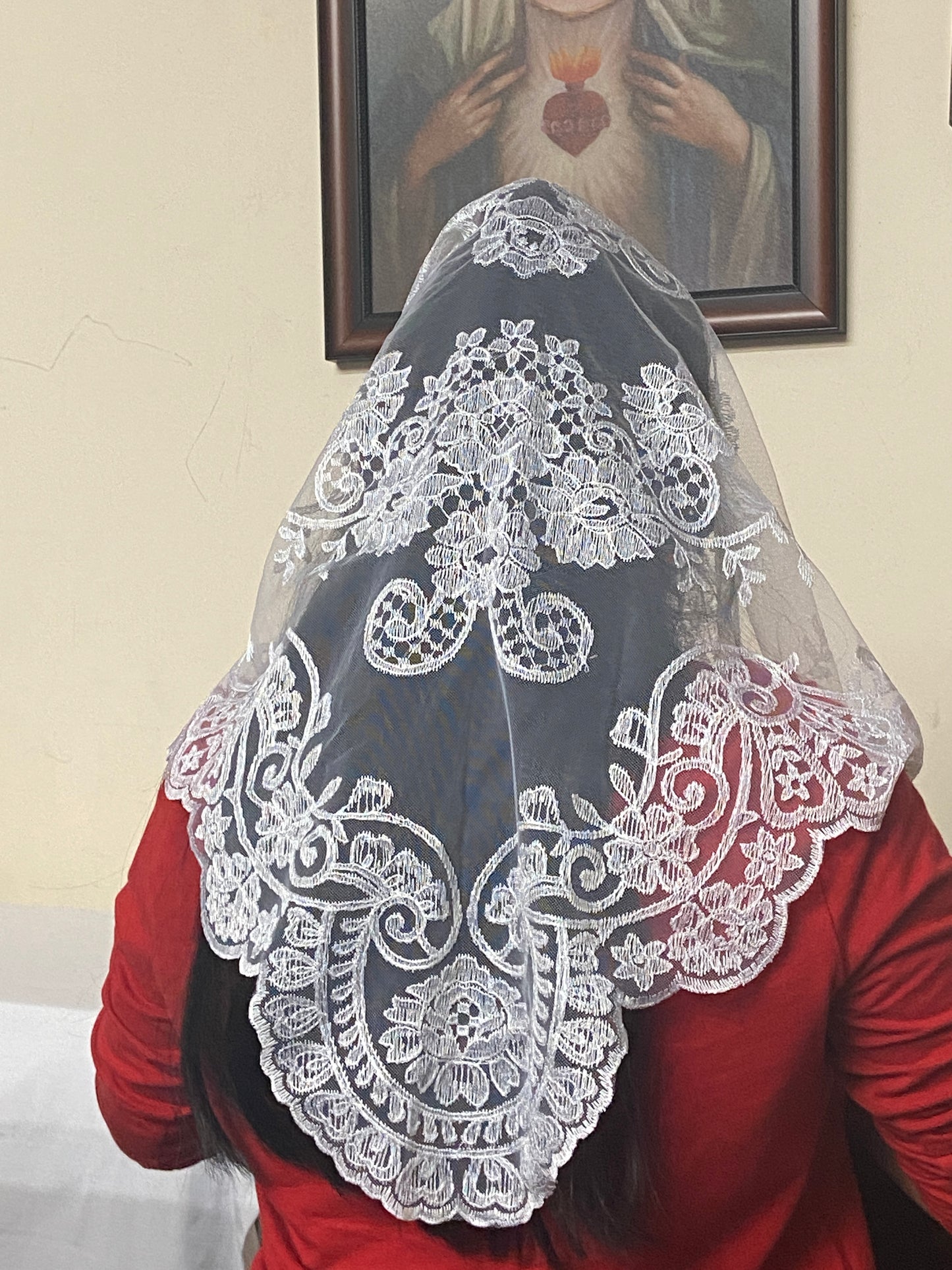 White Brilliant Lace Mantilla Chapel Spanish Veil 51" - Unique Catholic Gifts