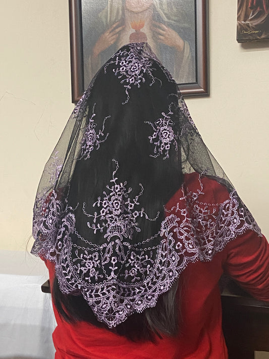 Lilac and Black Lace Mantilla Chapel Spanish Veil 51" - Unique Catholic Gifts