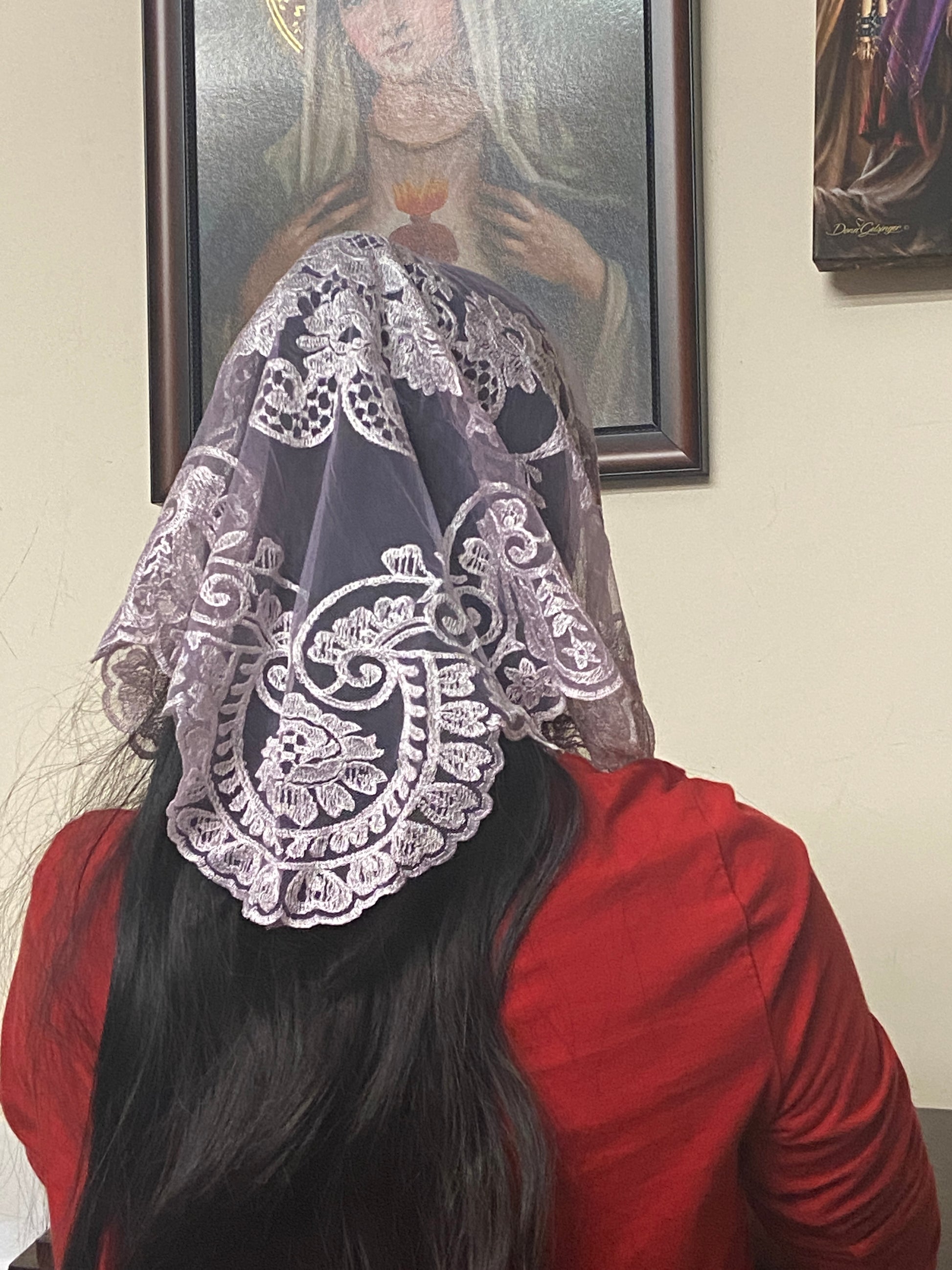 Pale Pink Lace Mantilla Chapel Spanish Veil 51" - Unique Catholic Gifts