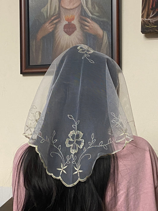 White and Gold Rosa Spanish Veil 37" - Unique Catholic Gifts