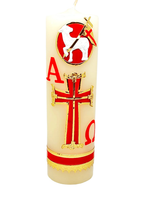 11" Alpha Omega with Lamb Pascual Carved Candle Cirio Candle Beeswax 11" x 3-1/2" - Unique Catholic Gifts