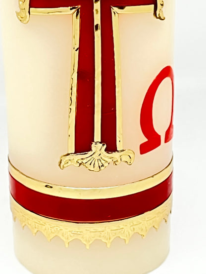 11" Alpha Omega with Lamb Pascual Carved Candle Cirio Candle Beeswax 11" x 3-1/2" - Unique Catholic Gifts