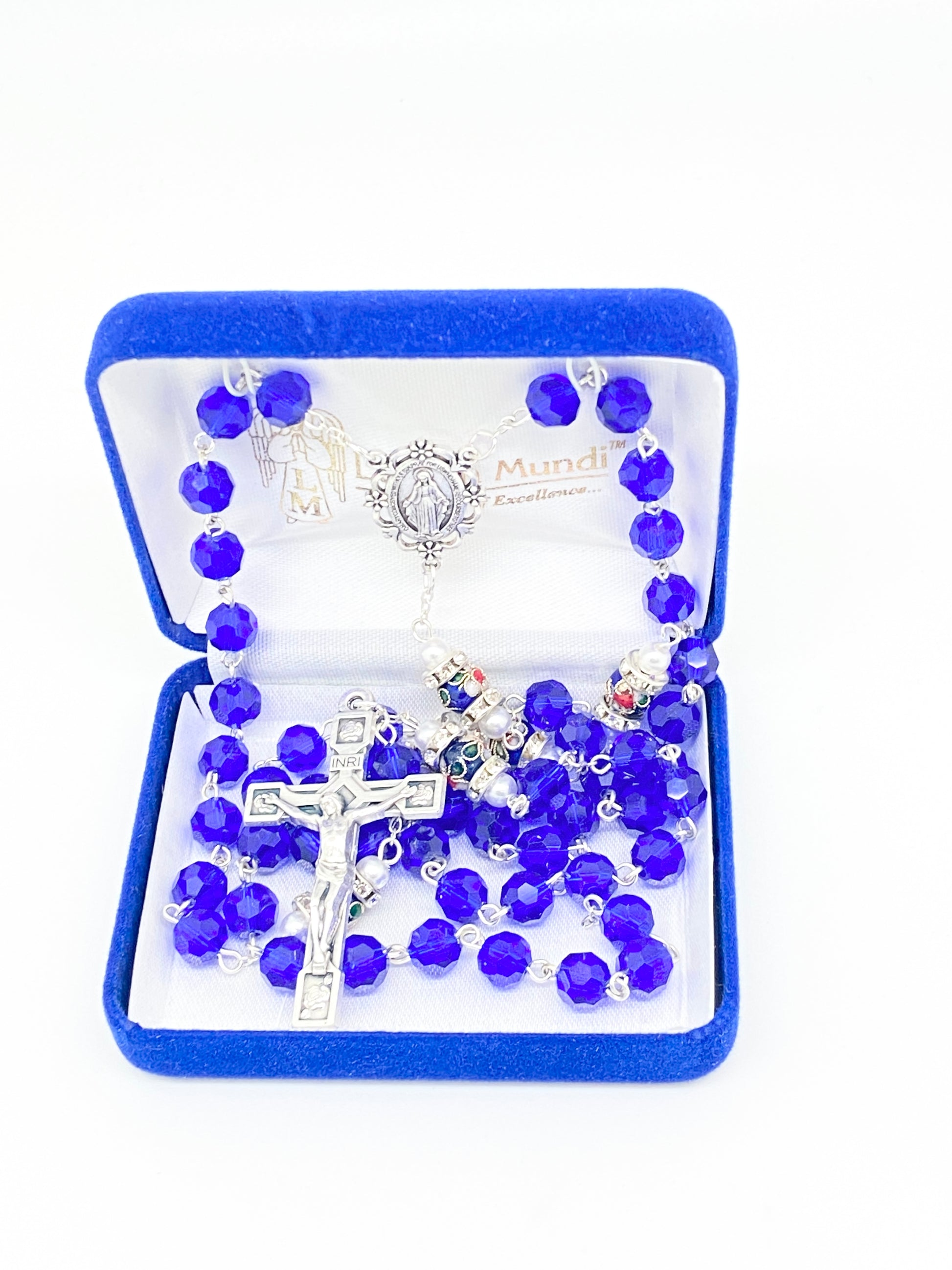 Blue Genuine Crystal and Cloisonné Rondelle Rosary - Unique Catholic Gifts