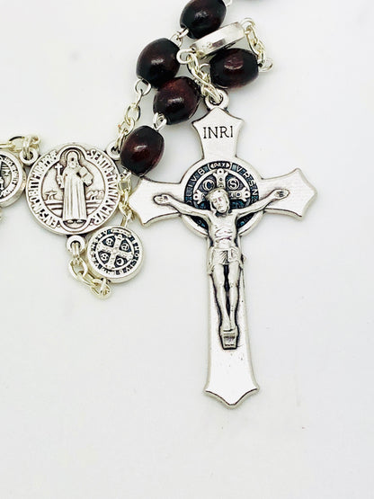 Brown Saint Benedict Rosary with St Benedict Medals - Unique Catholic Gifts