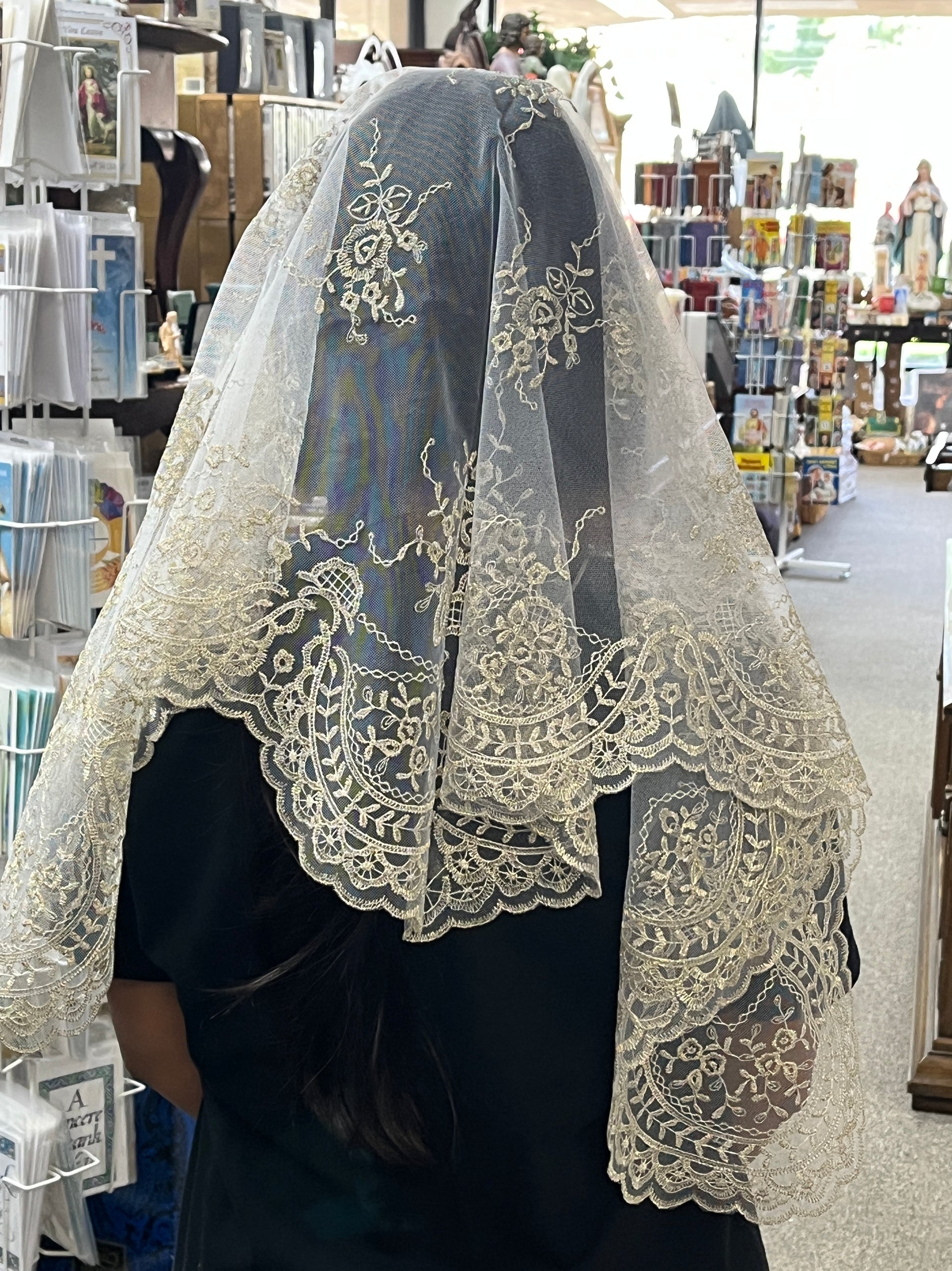 White and Gold Abanico Lace Mantilla Chapel Spanish Veil 51" - Unique Catholic Gifts