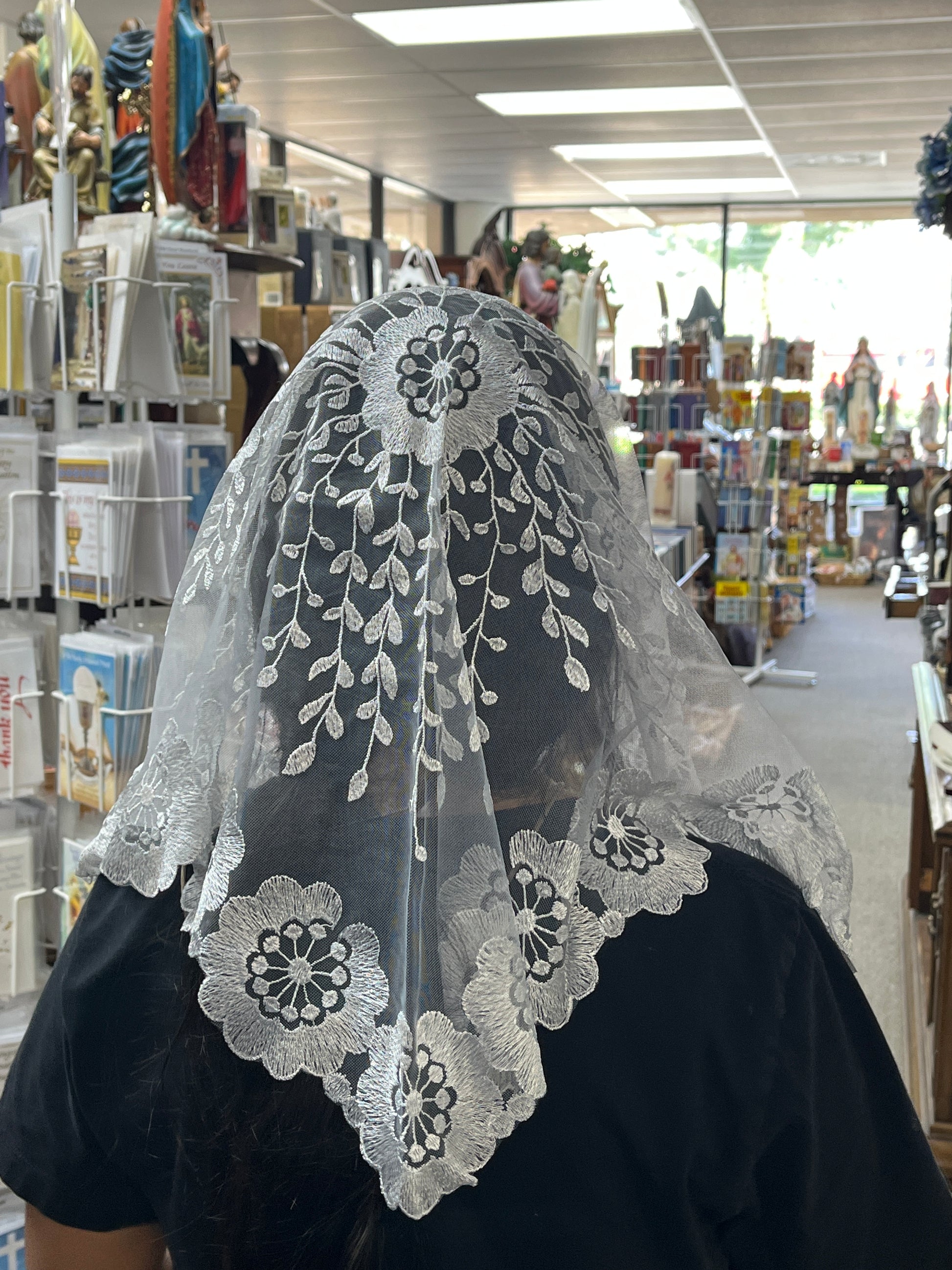 Grey Elaina Lace Mantilla Chapel Spanish Veil 51" - Unique Catholic Gifts