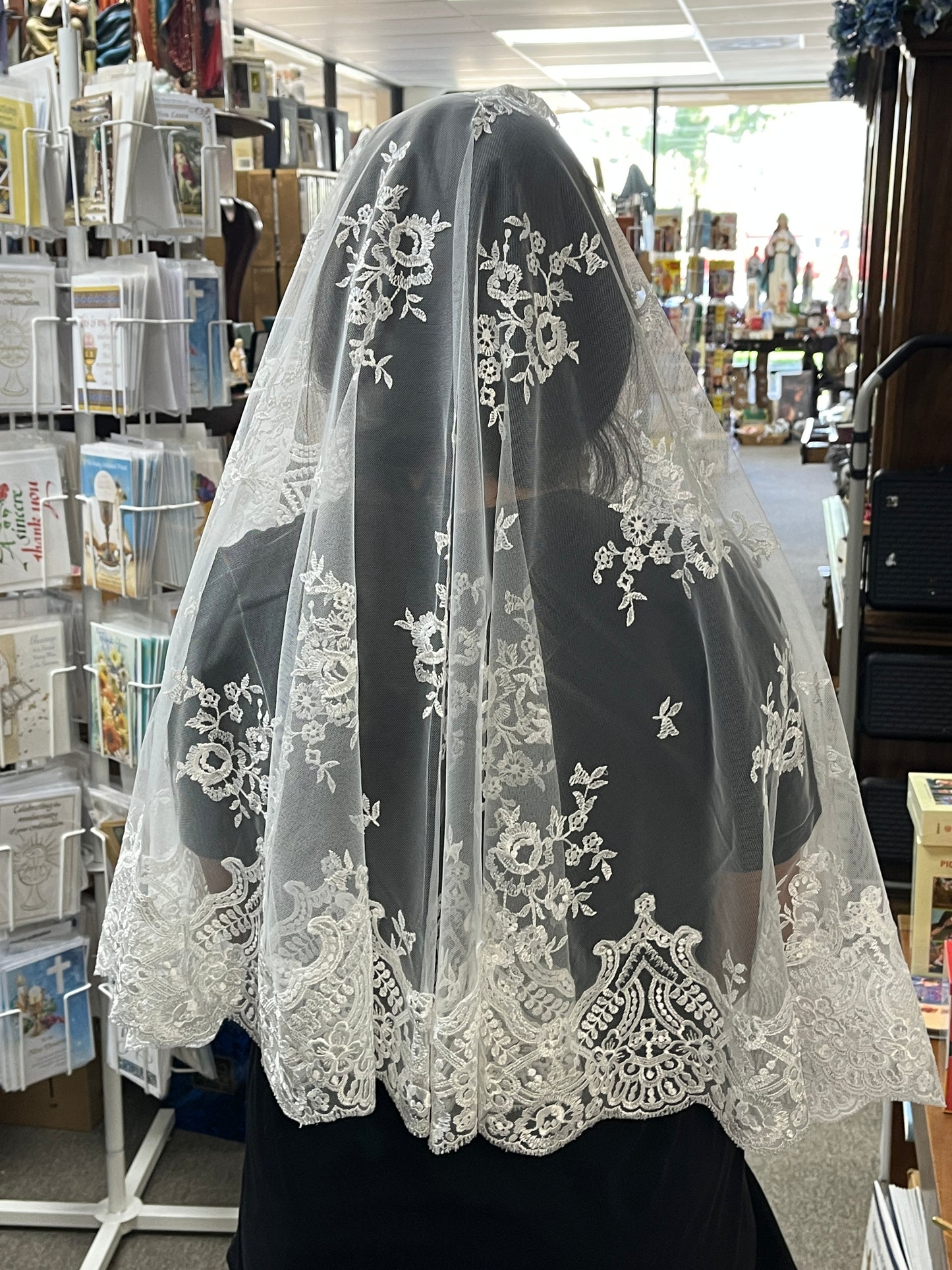 White Jenny Half Circle Lace Mantilla Spanish Veil 61" - Unique Catholic Gifts