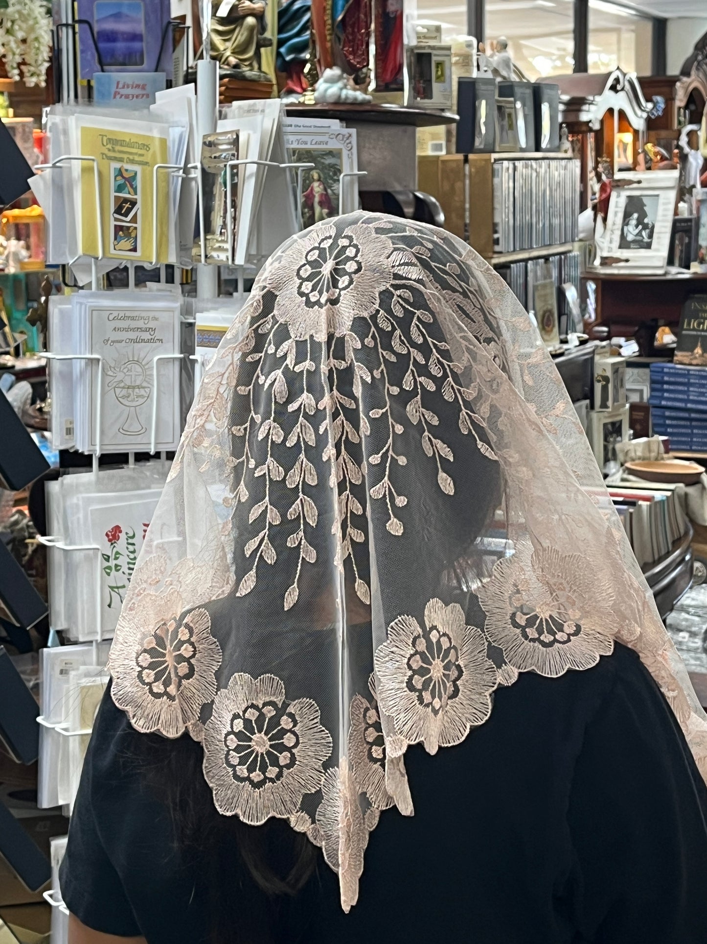 Nude Elaina Lace Mantilla Chapel Spanish Veil 51" - Unique Catholic Gifts