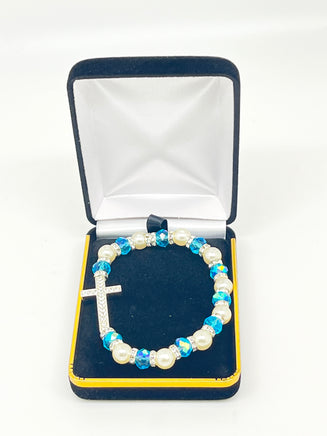 Light Blue and White Stretch Bracelet with Crystal Cross - Unique Catholic Gifts