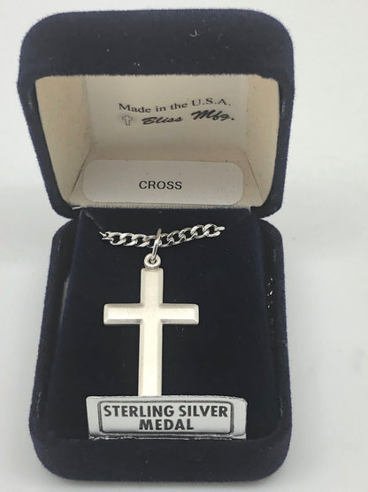 Sterling Silver Matte Finish Beveled Cross Pendant (1 1/4") on a 20" Heavy Curb Chain - Unique Catholic Gifts