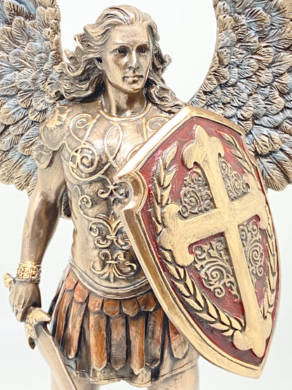 Bronze Archangel Saint Michael with Sword and Shield Statue 11" - Unique Catholic Gifts