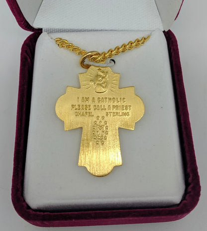 Gold over Sterling Silver 4-way medal (1 3/16") on 24" Gold plated chain - Unique Catholic Gifts