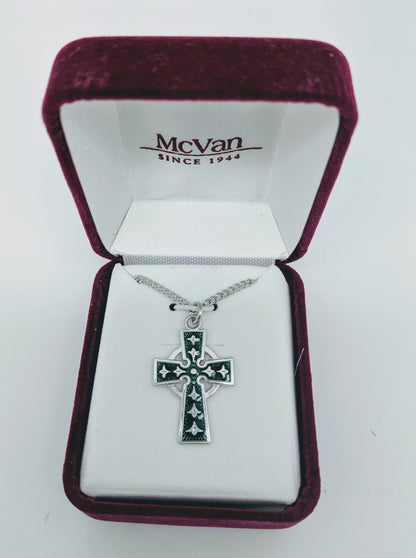 Sterling Silver with Green Celtic Crucifix  (7/8") on 18" Rhodium Chain - Unique Catholic Gifts