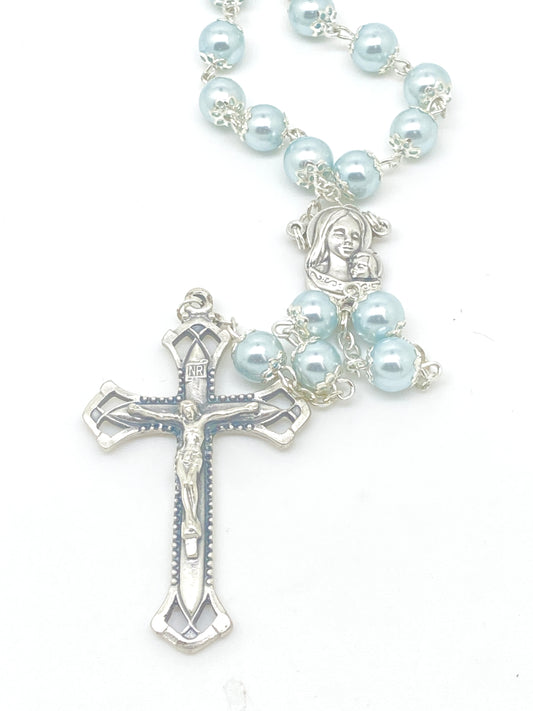 Powder Blue Glass Bead Rosary 8MM - Unique Catholic Gifts