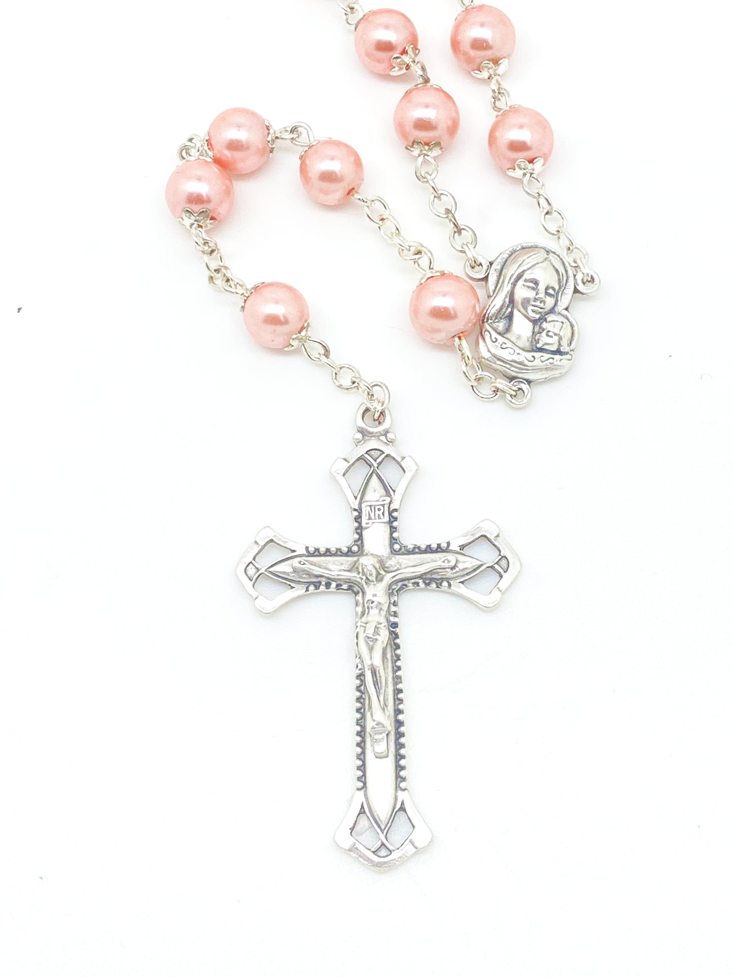 Pink Silver Capped Glass Bead Rosary (23") - Unique Catholic Gifts