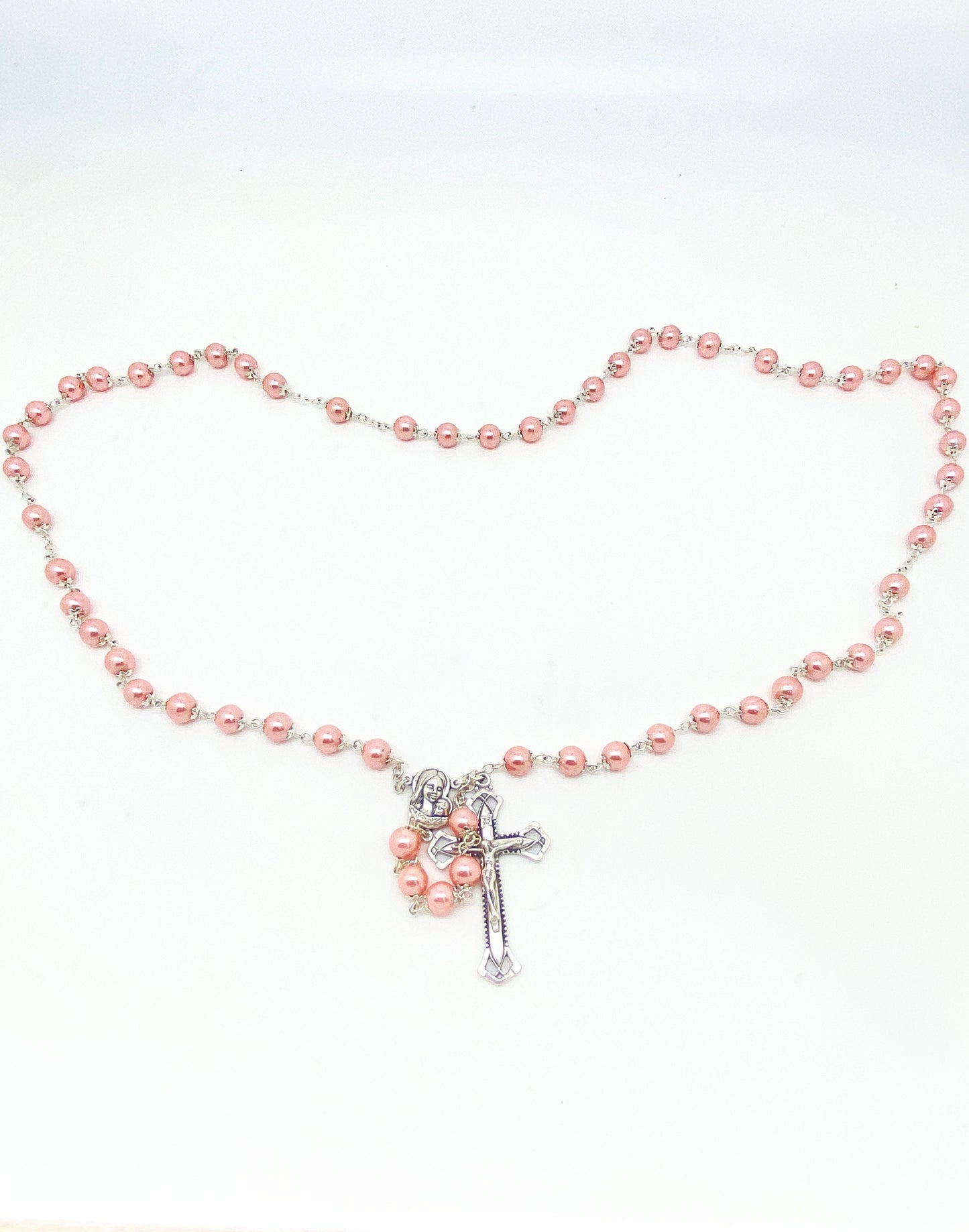 Pink Silver Capped Glass Bead Rosary (23") - Unique Catholic Gifts