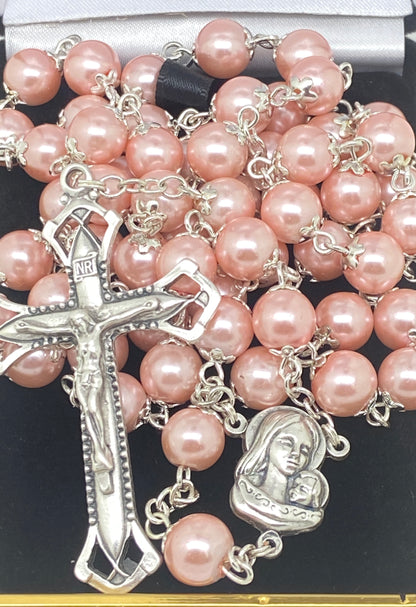 Pink Silver Capped Glass Bead Rosary (23") - Unique Catholic Gifts