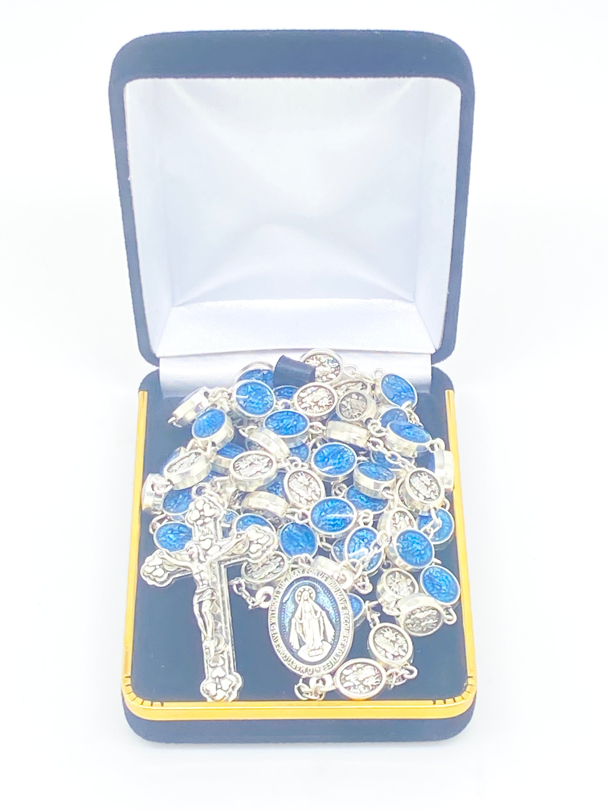 Silver and Blue Enamel St Michael and the Guardian Angel Rosary - Unique Catholic Gifts