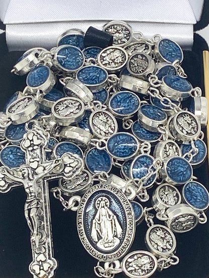 Silver and Blue Enamel St Michael and the Guardian Angel Rosary - Unique Catholic Gifts