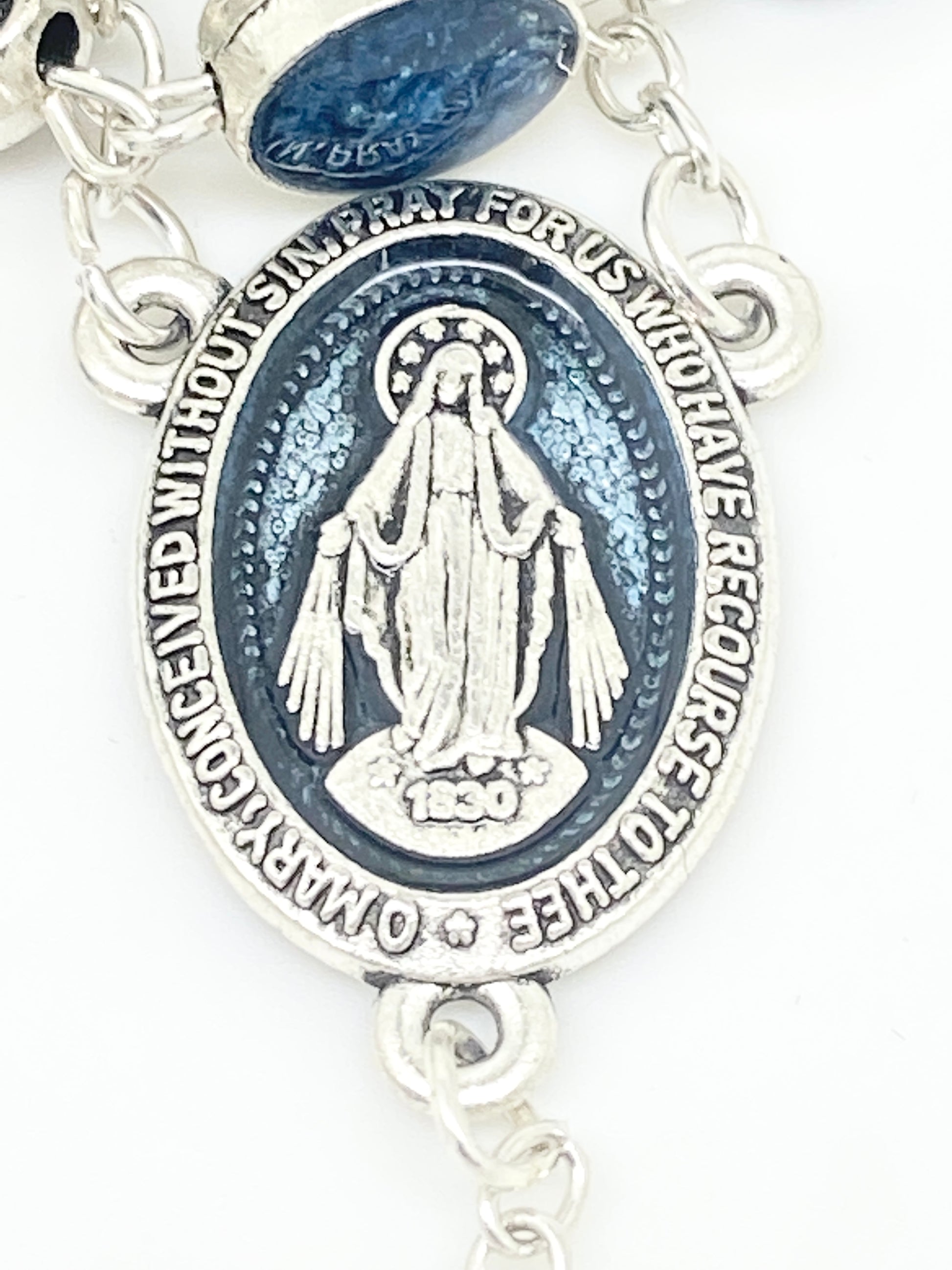 Silver and Blue Enamel St Michael and the Guardian Angel Rosary - Unique Catholic Gifts