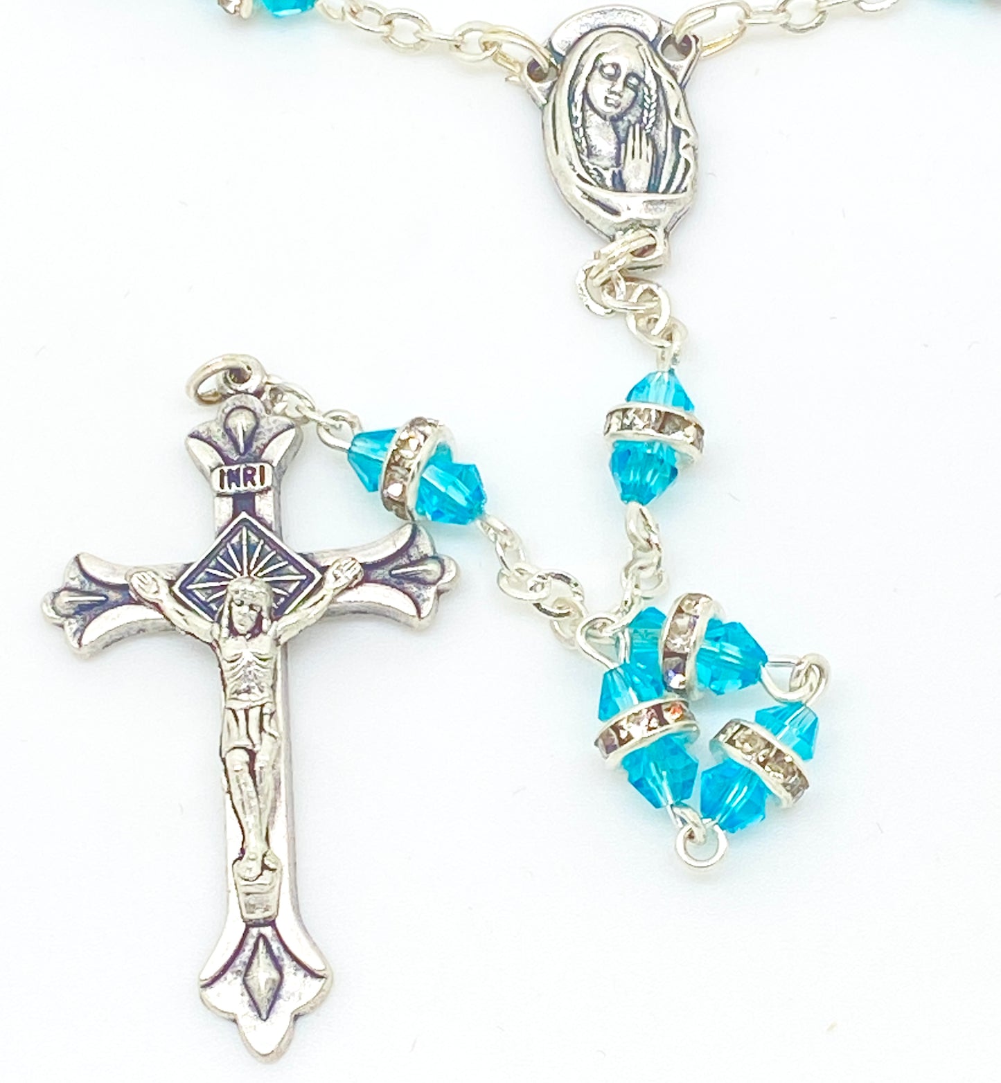 Aqua Rosary with Real Crystal Rondelle Beads - Unique Catholic Gifts