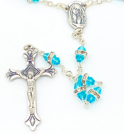 Aqua Rosary with Real Crystal Rondelle Beads - Unique Catholic Gifts