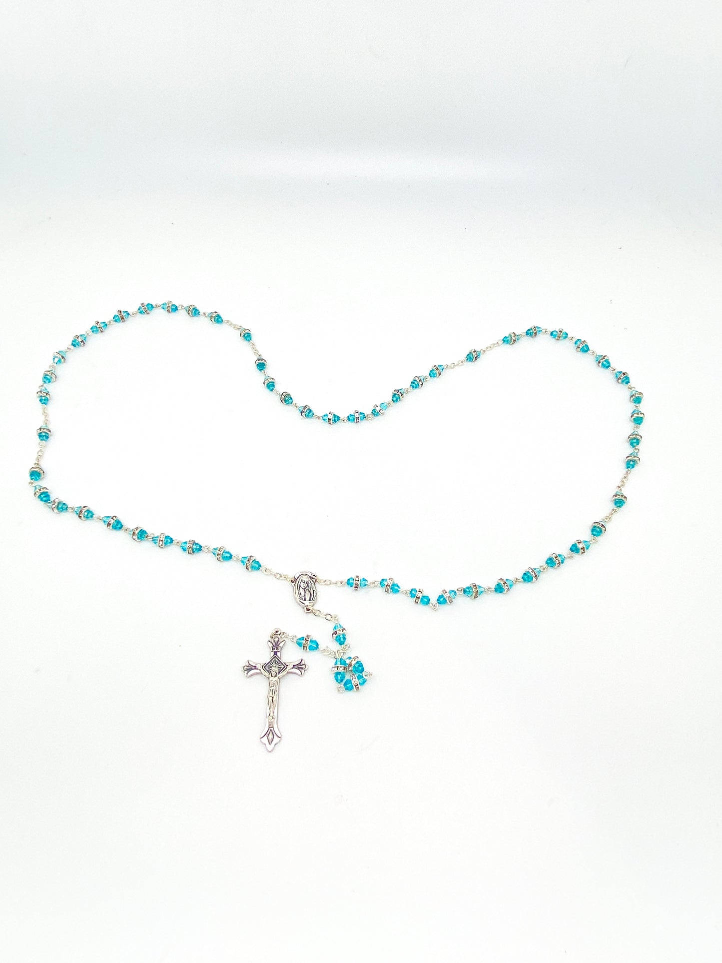 Aqua Rosary with Real Crystal Rondelle Beads - Unique Catholic Gifts