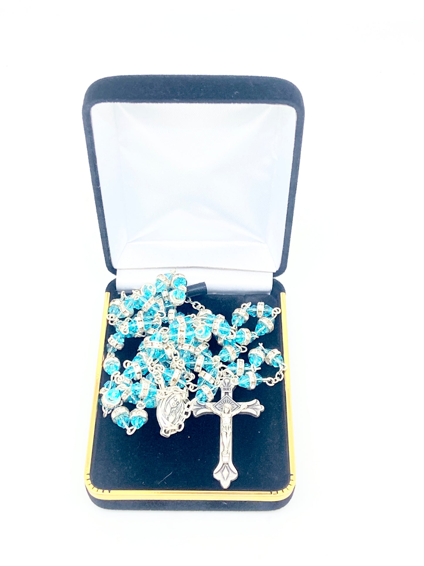 Aqua Rosary with Real Crystal Rondelle Beads - Unique Catholic Gifts