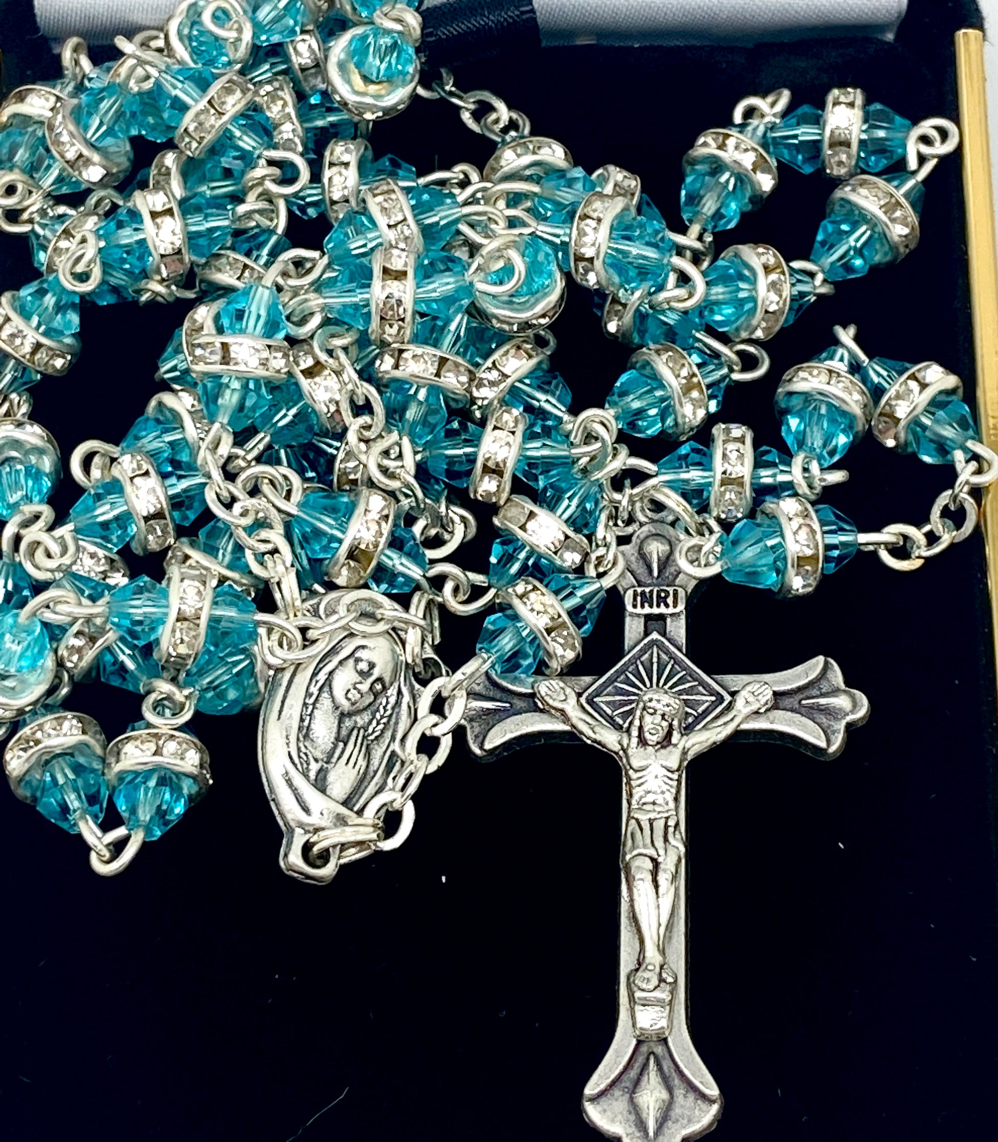 Aqua Rosary with Real Crystal Rondelle Beads - Unique Catholic Gifts