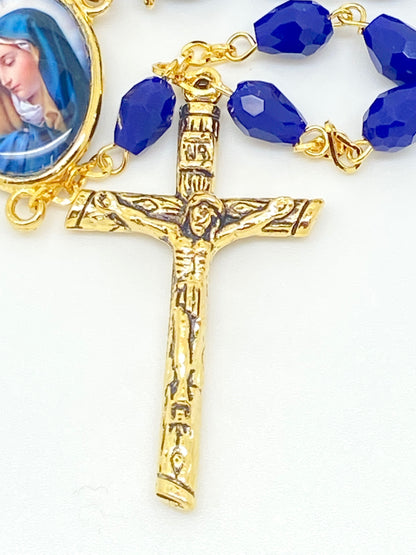 Seven Sorrows Blue Crystal Rosary ( Gold) - Unique Catholic Gifts