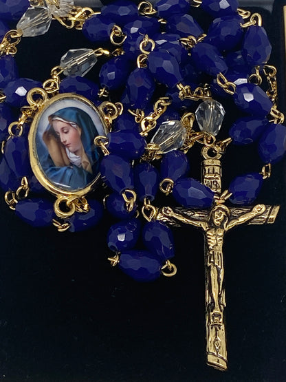 Seven Sorrows Blue Crystal Rosary ( Gold) - Unique Catholic Gifts