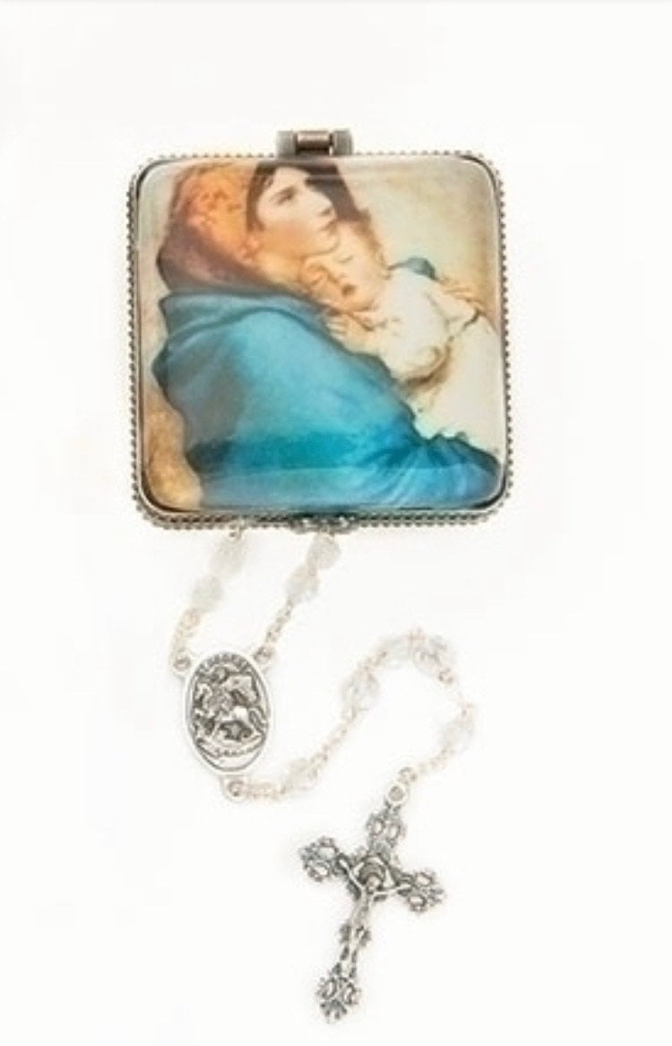 Square Porcelain Madonna and Child Rosary Box  2 1/3" - Unique Catholic Gifts