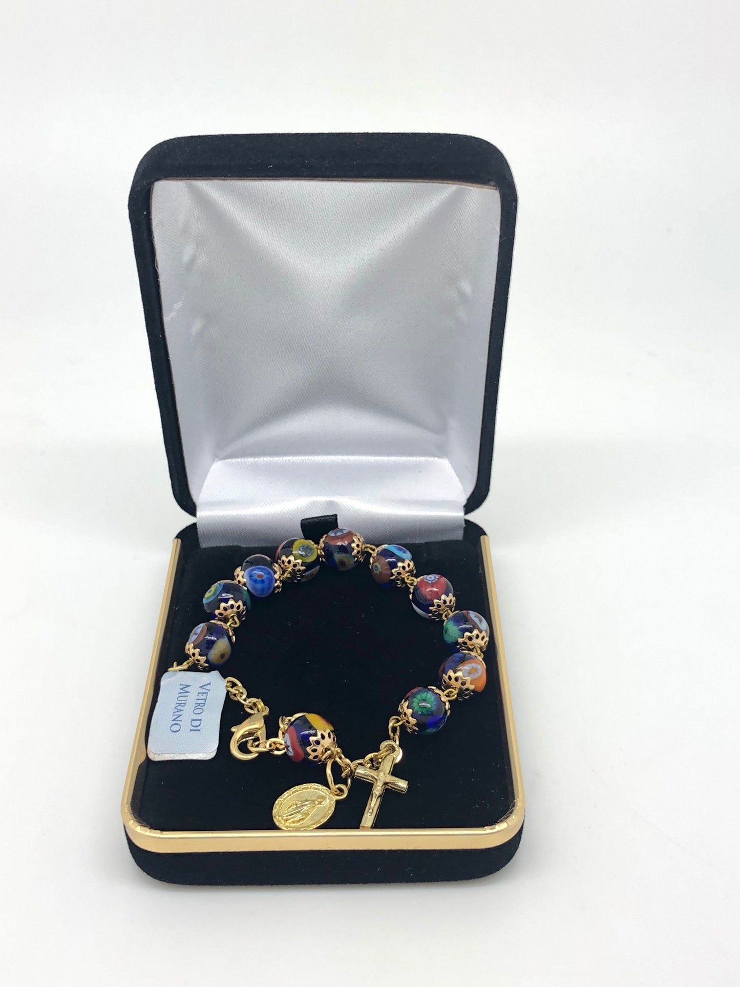 Mosaic Murano Glass  Rosary on Gold Chain Bracelet (8MM) - Unique Catholic Gifts