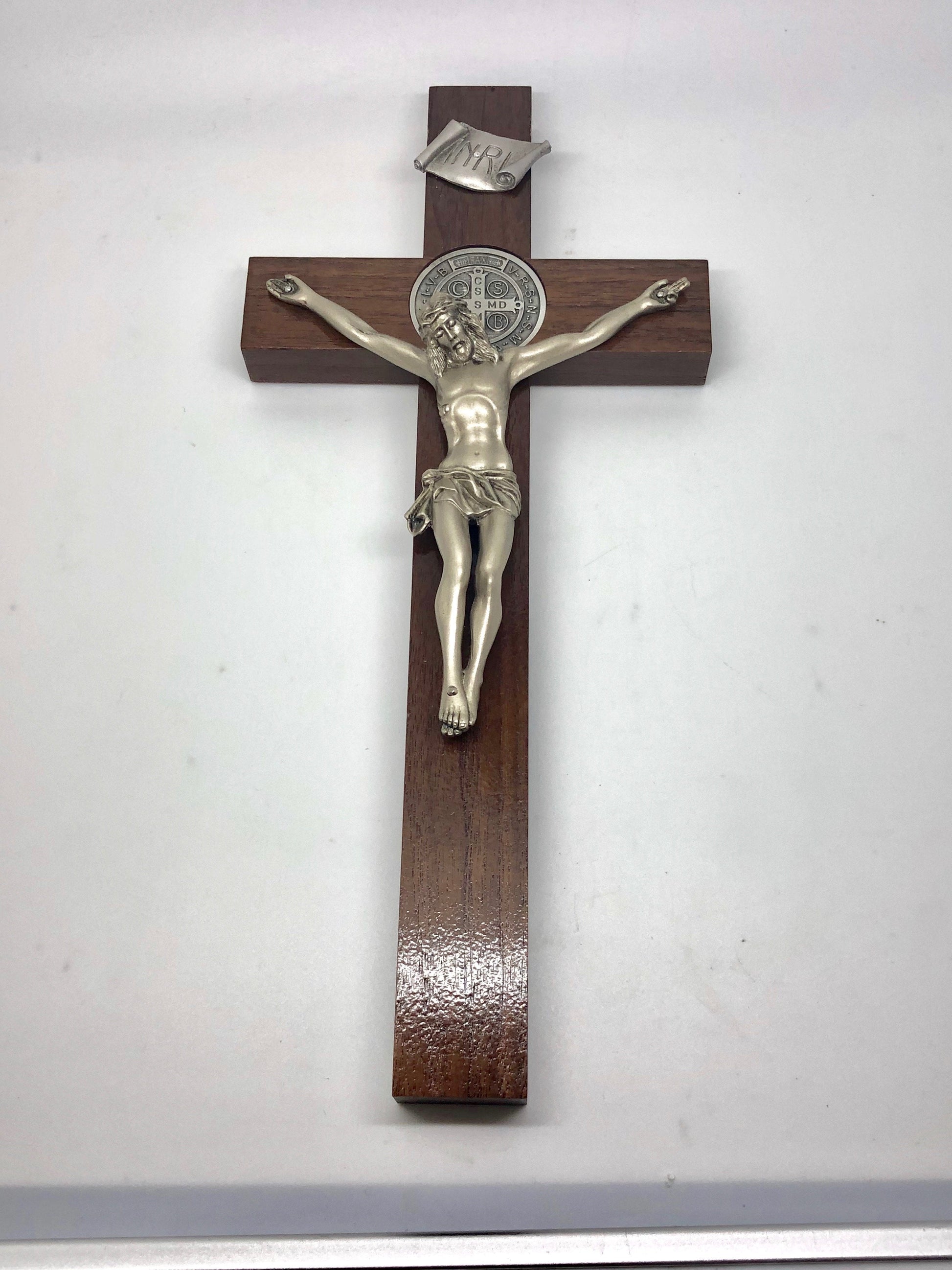 Walnut St. Benedict Wall Crucifix with Antique Pewter Corpus (12") - Unique Catholic Gifts