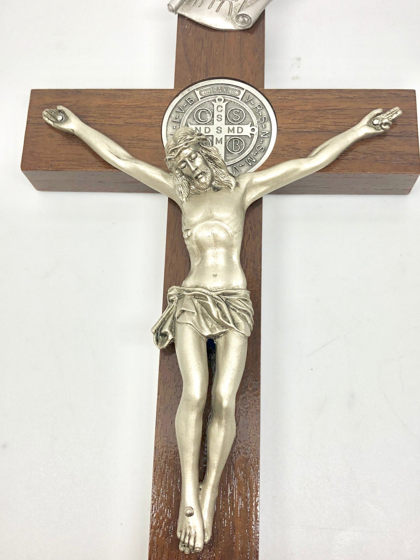 Walnut St. Benedict Wall Crucifix with Antique Pewter Corpus (12") - Unique Catholic Gifts