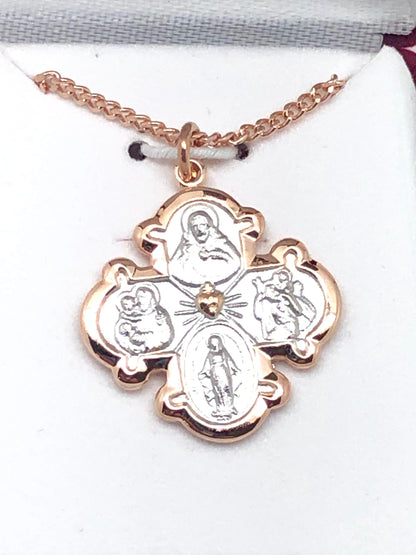 Two Tone Rose Gold and Sterling Silver 4-way medal (3/4") on 18" Gold Plated Chain. - Unique Catholic Gifts