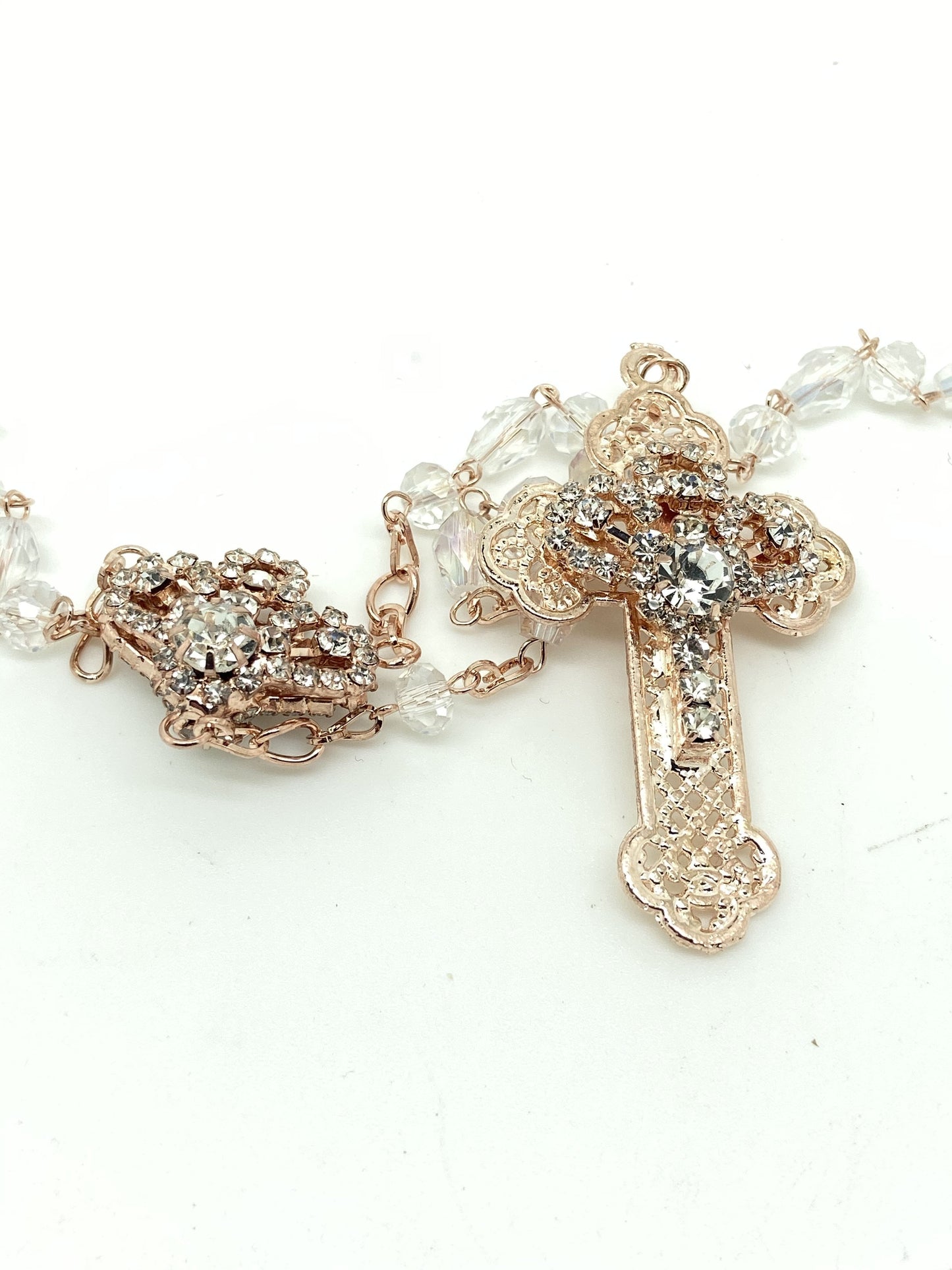 Rose Gold and Rhinestone Rosary with Crown Centerpiece. - Unique Catholic Gifts