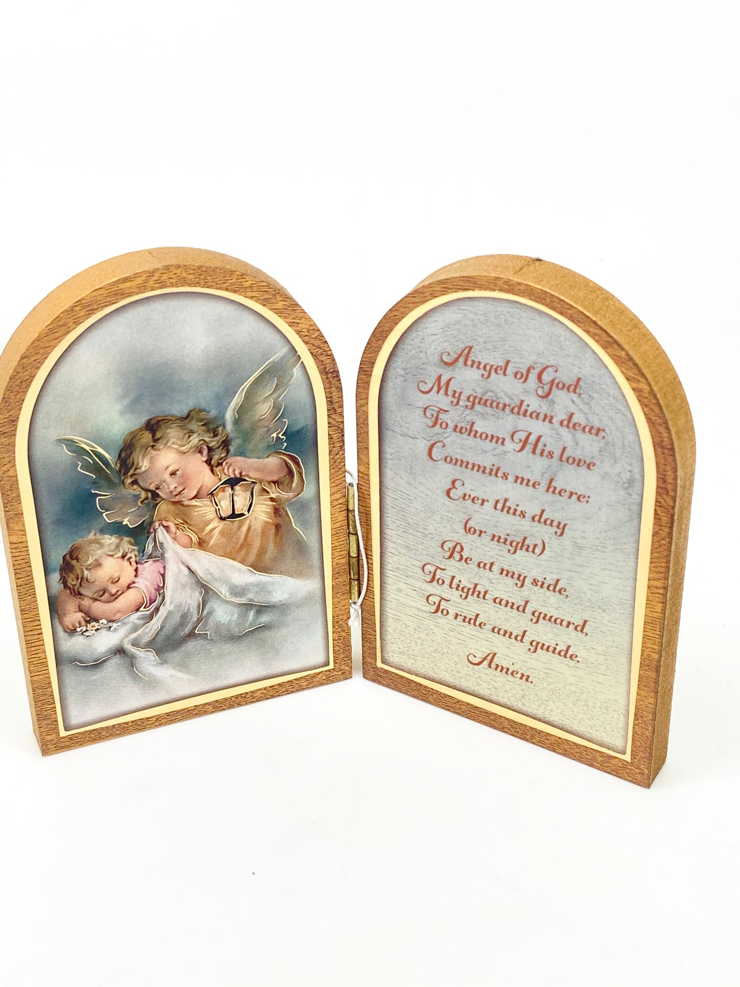 Guardian Angel with Lantern Natural Wood Standing Diptych - Unique Catholic Gifts