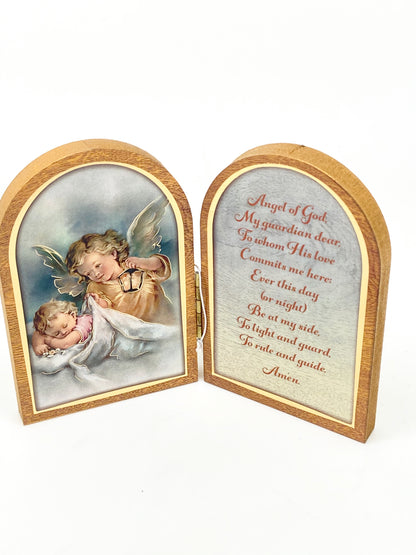 Guardian Angel with Lantern Natural Wood Standing Diptych - Unique Catholic Gifts