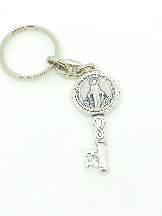 Silver Key Shaped Lady of Grace Keychain - Unique Catholic Gifts