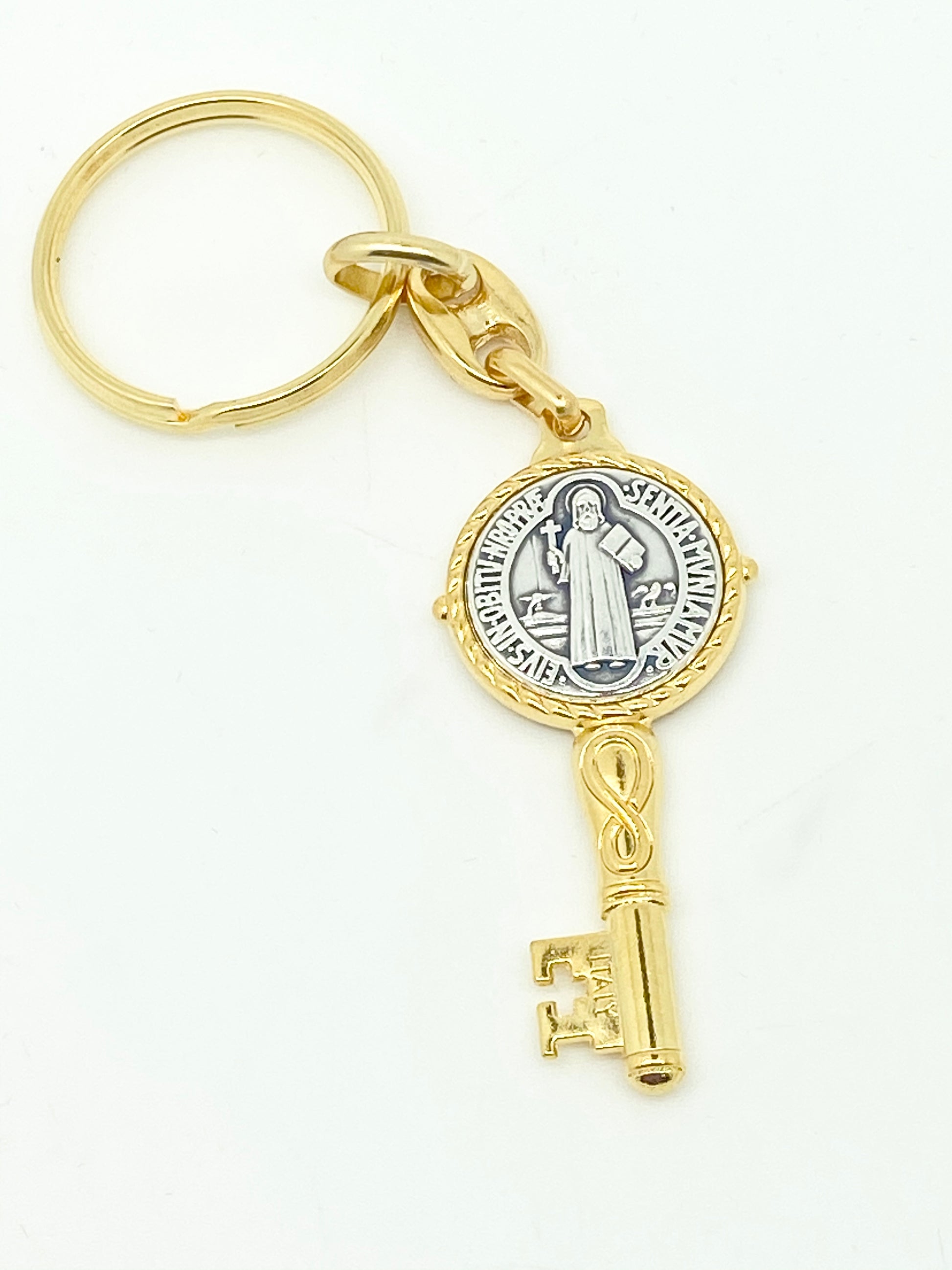 Gold Key Shaped  St. Benedict Keychain - Unique Catholic Gifts