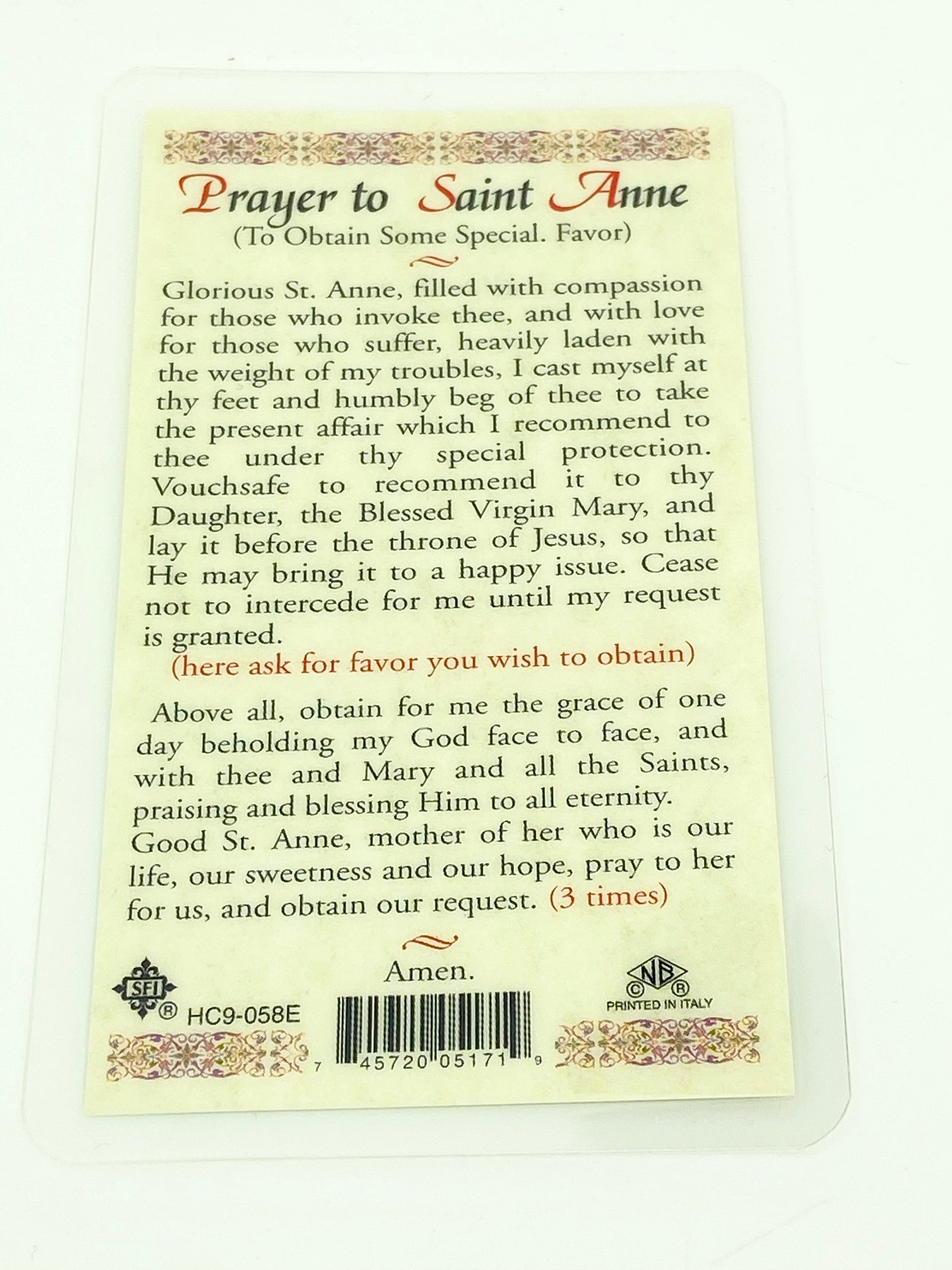 St. Anne Laminated Holy Card (Plastic Covered) - Unique Catholic Gifts