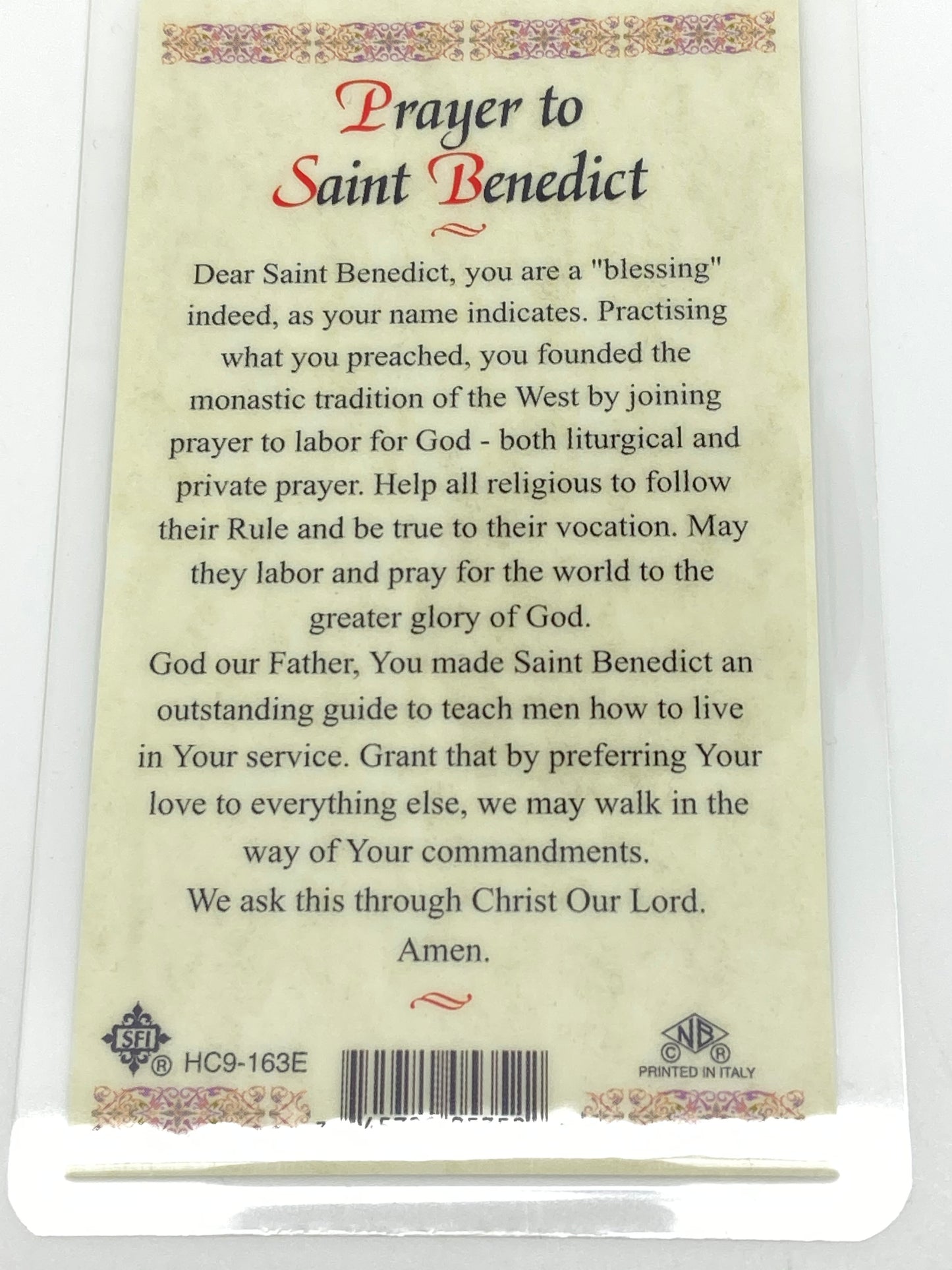 St. Benedict Laminated Holy Card (Plastic Covered) - Unique Catholic Gifts