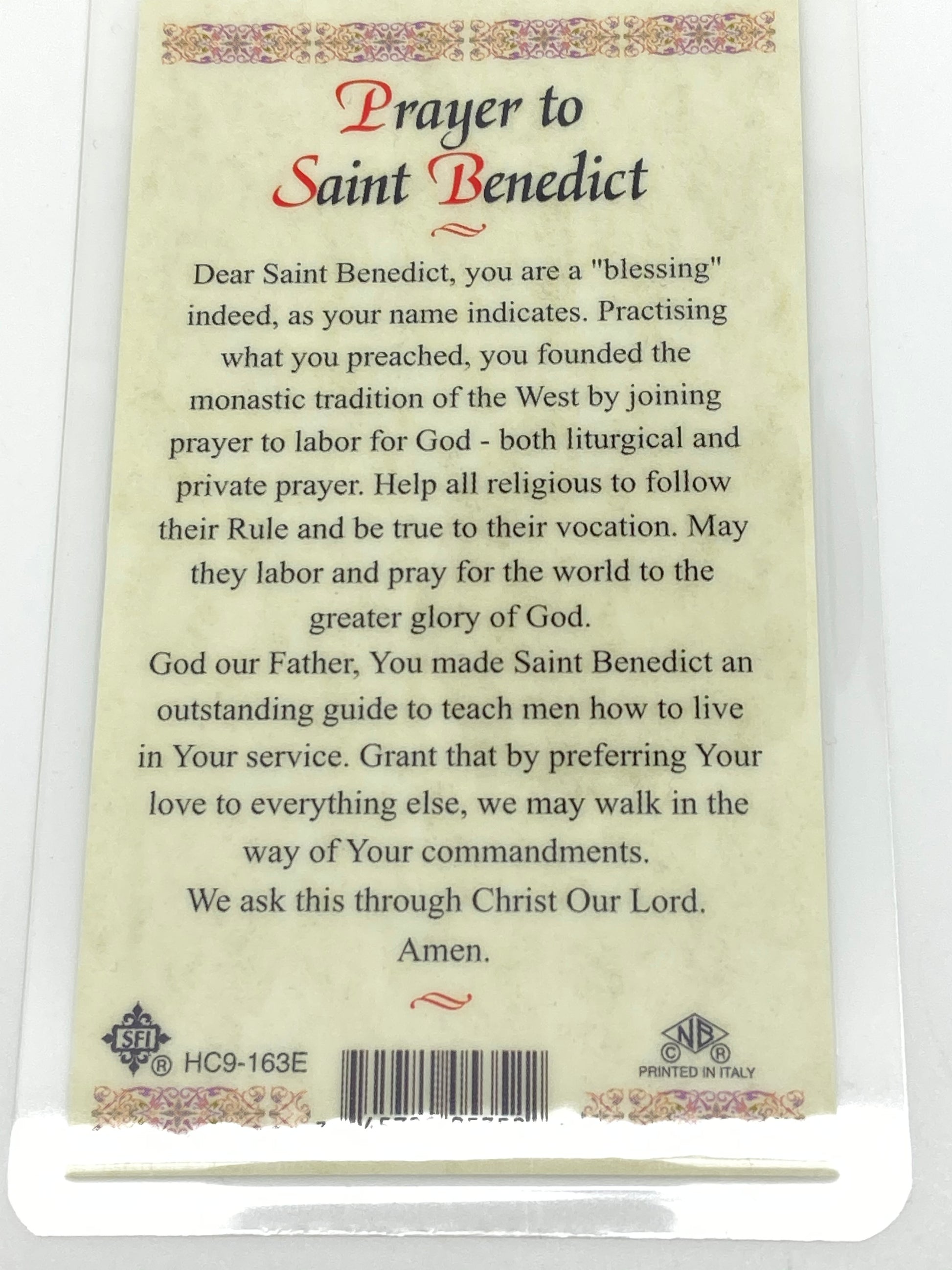 St. Benedict Laminated Holy Card (Plastic Covered) - Unique Catholic Gifts