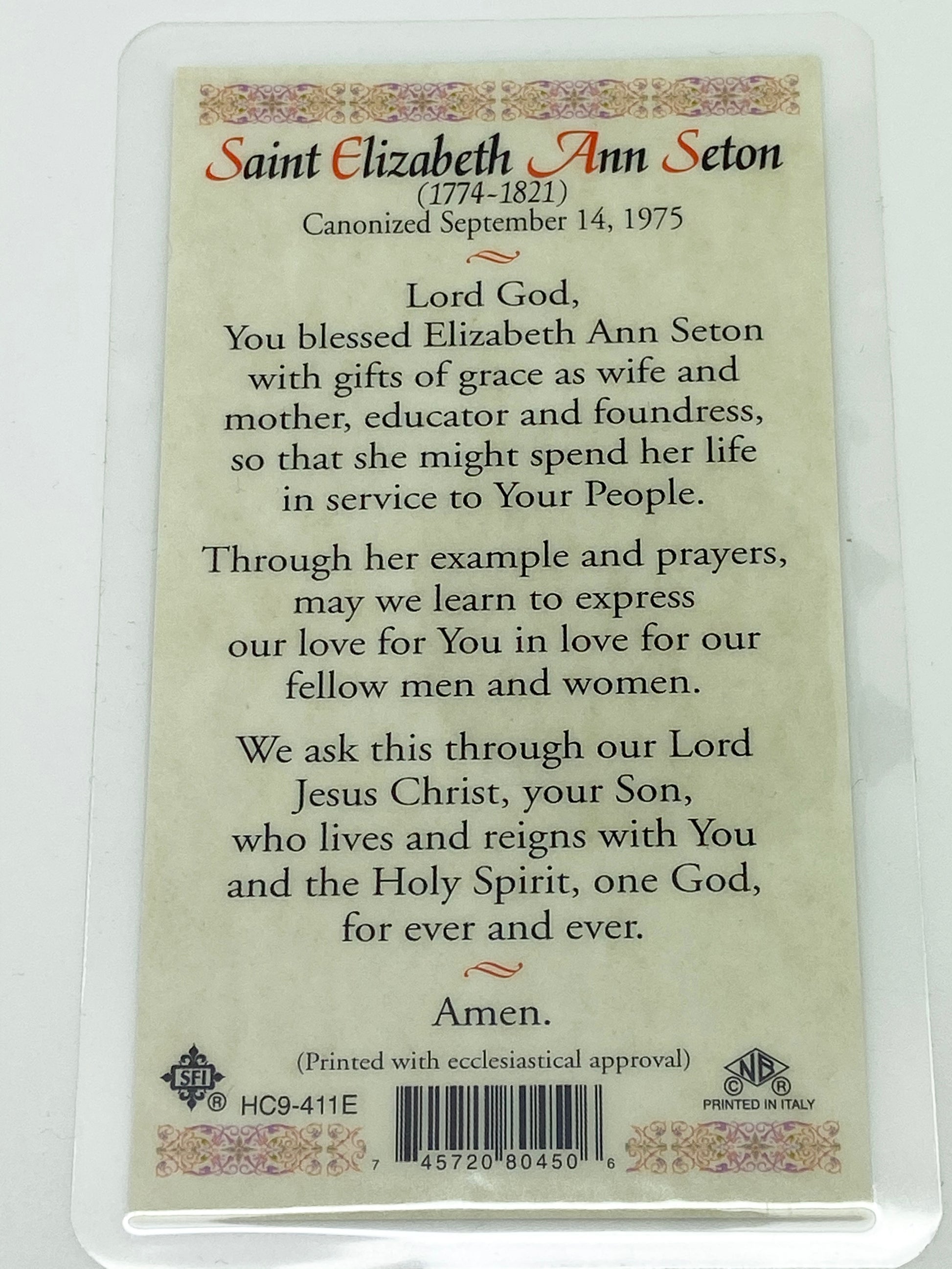 St, Elizabeth Ann Seton Laminated Holy Card (Plastic Covered) - Unique Catholic Gifts