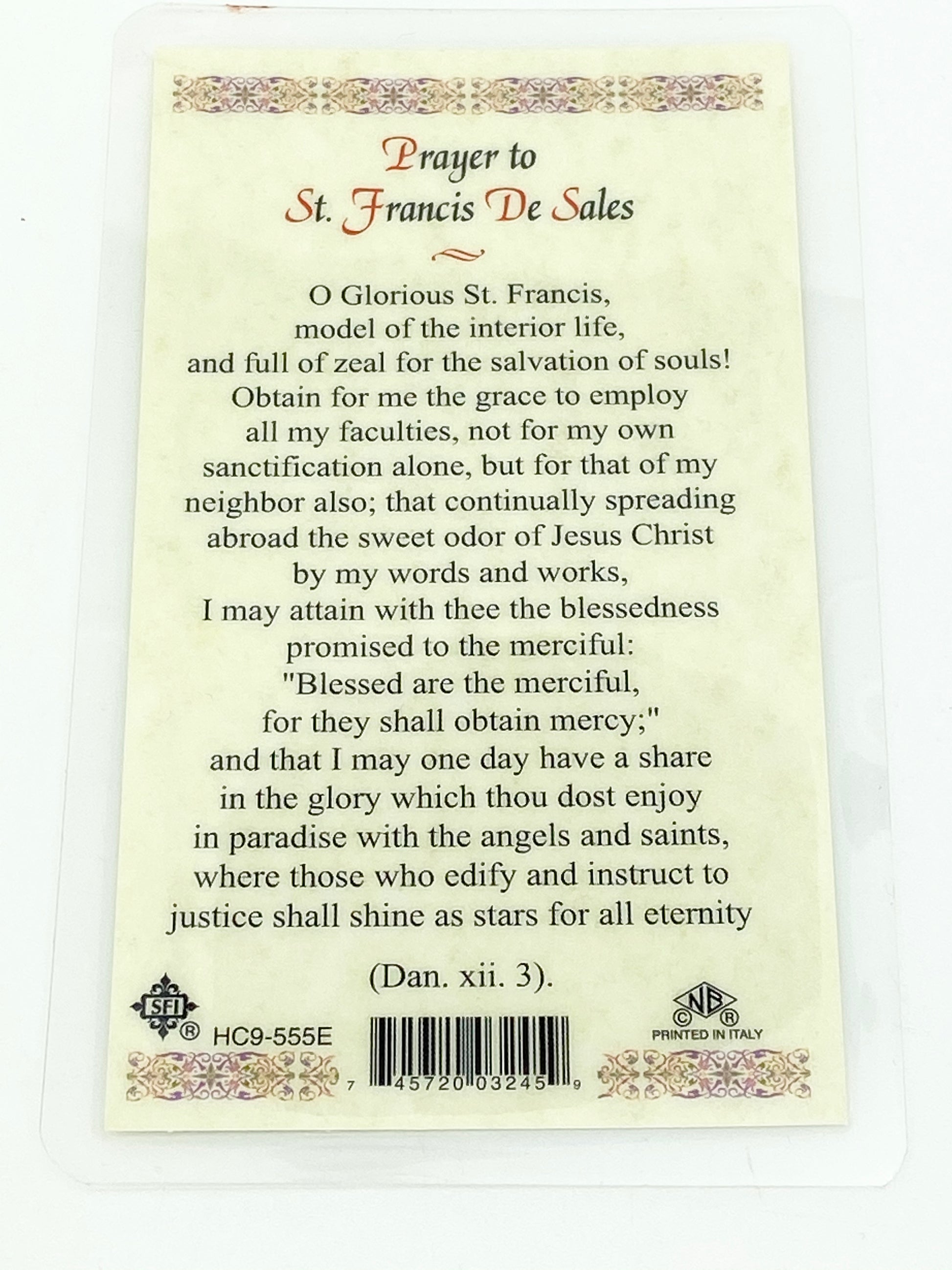 St Francis de Sales Laminated Holy Card (Plastic Covered) - Unique Catholic Gifts