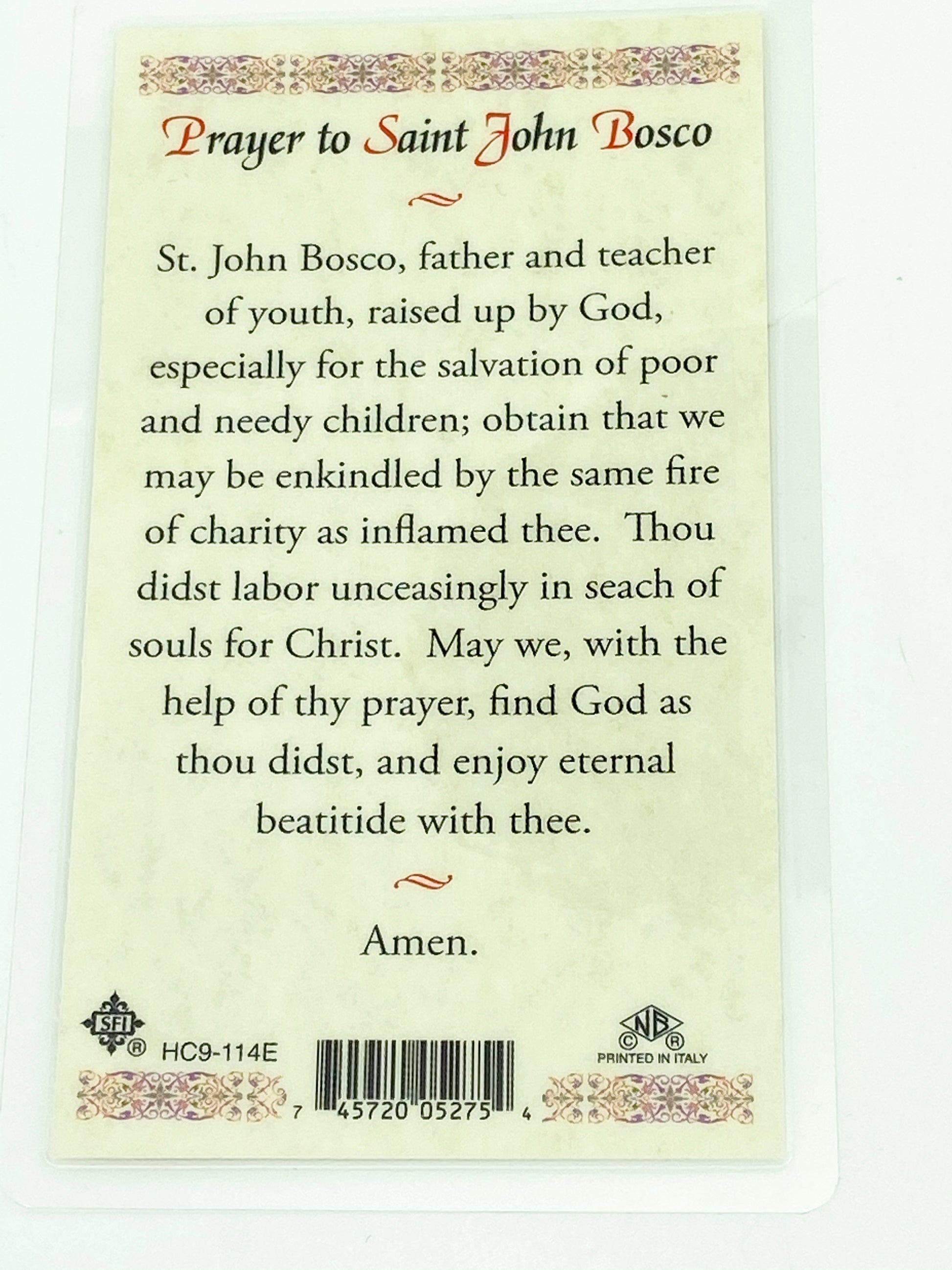 St. John Bosco Laminated Holy Card (Plastic Covered) - Unique Catholic Gifts