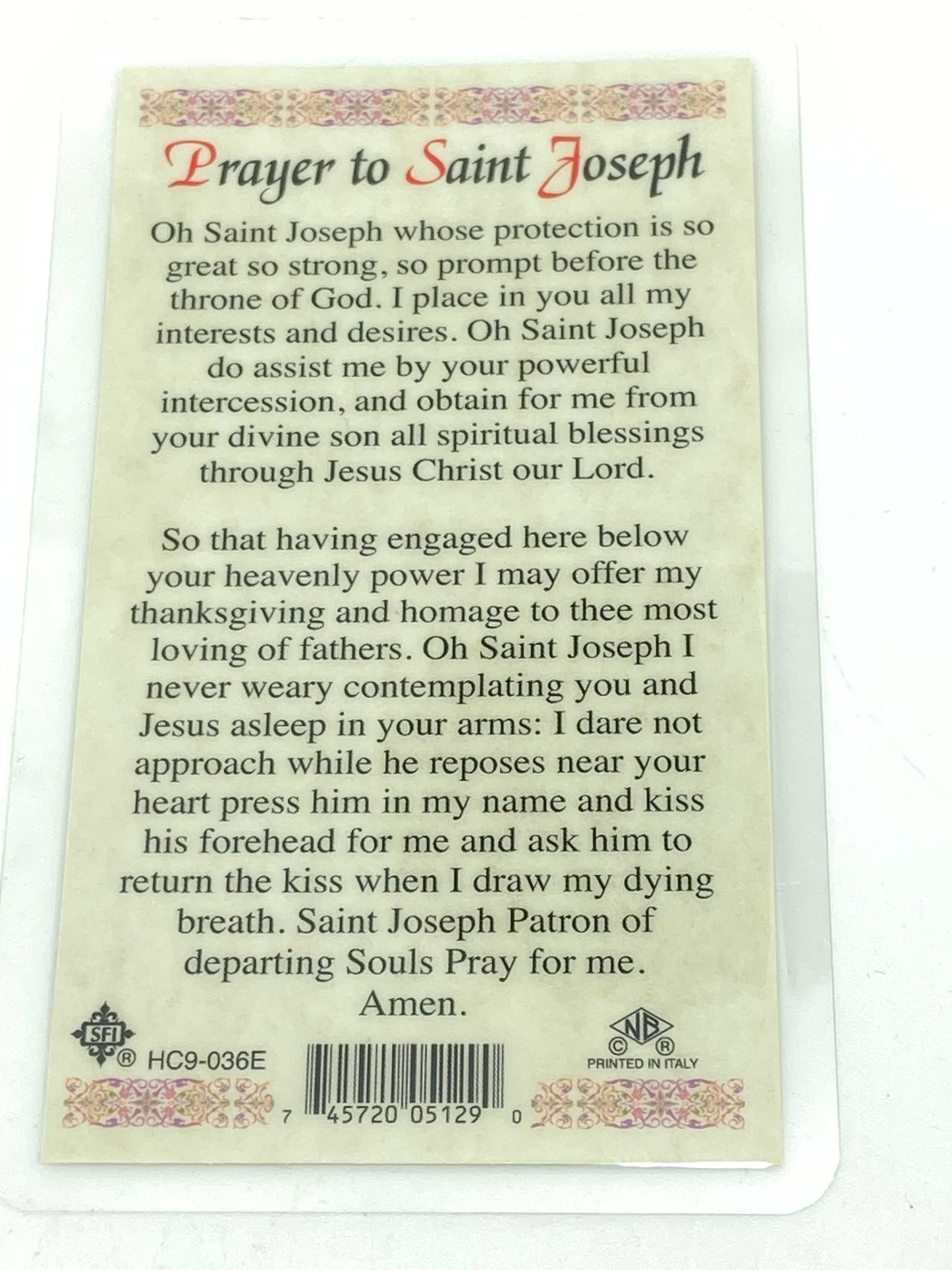 St. Joseph Laminated Holy Card (Plastic Covered) - Unique Catholic Gifts