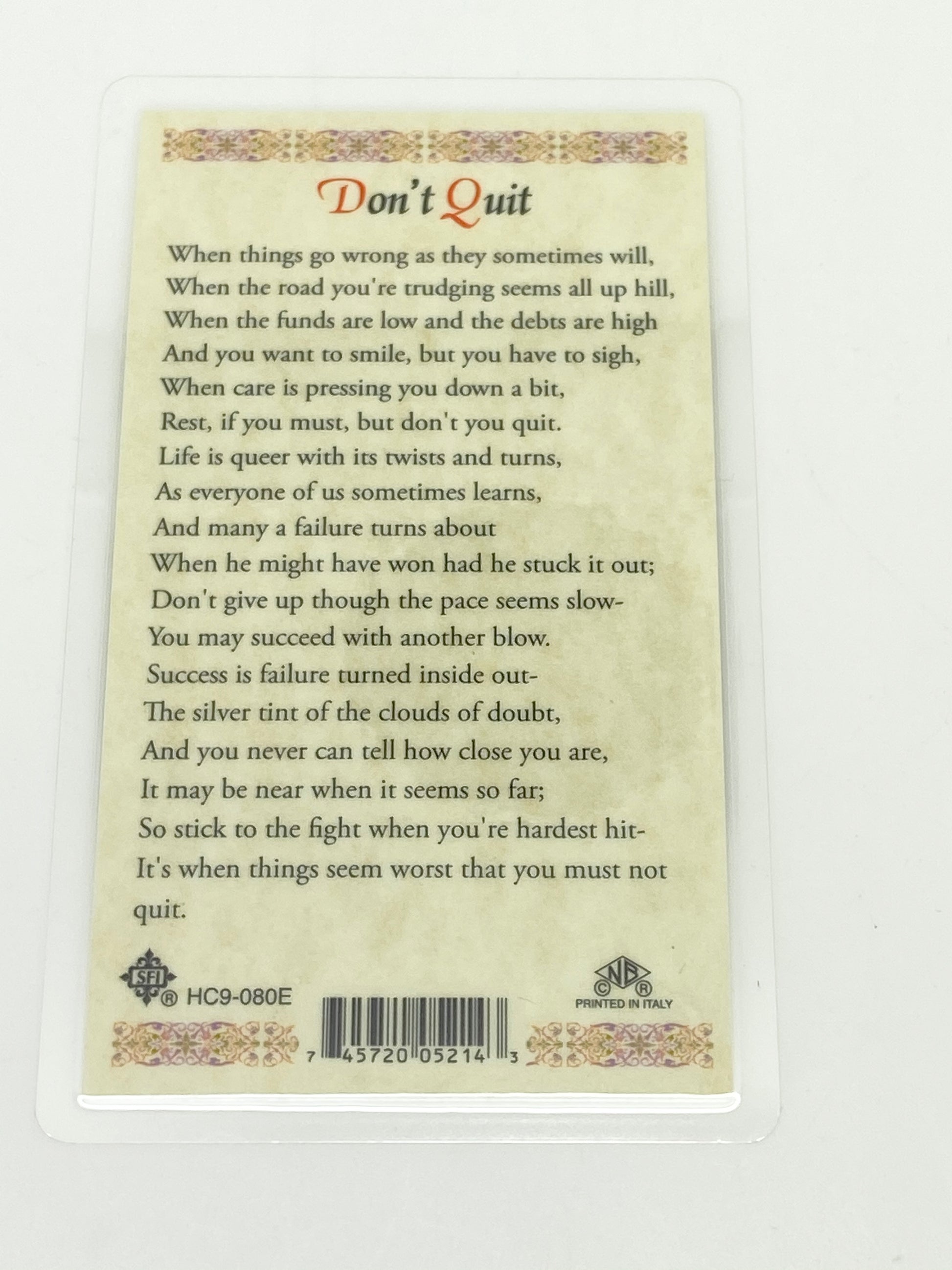 St. Jude "Don't Quit" Laminated Holy Card (Plastic Covered) - Unique Catholic Gifts